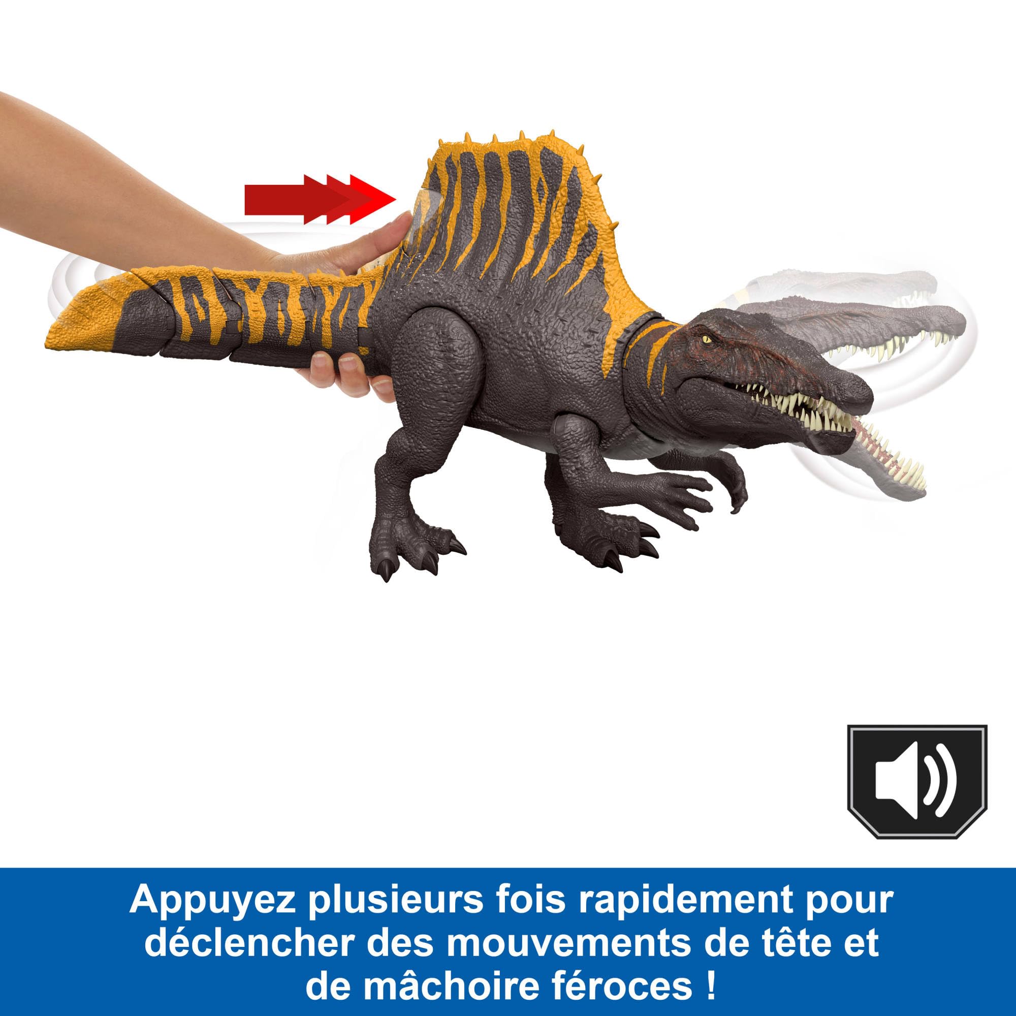 Mattel Jurassic World Renaissance Figurine articulée Spinosaurus, jouet dinosaure avec 2 mouvements d’attaque, fidèle au film, jeu virtuel, JGB57