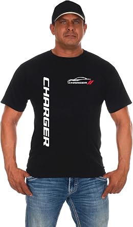 JH Design Mens Dodge Charger Classic T-Shirt Short Sleeve Black Crew Neck Shirt