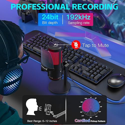 Miniatura 5 de ZealSound Micrófono USB para juegos, micrófono condensador con cancelación de ruido con luz RGB, silencio táctil, ganancia, monitoreo para