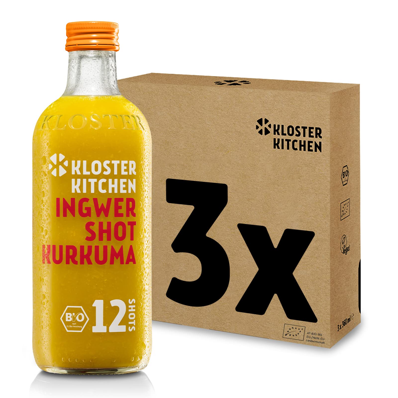 Kloster Kitchen Bio Ingwer Shot Kurkuma 12SHOTS 3x 360 ml mit echten Ingwerstückchen, Ingwer Shots mit Kurkuma in Glasflasche, vegan ohne Zusatzstoffe & mit natürlicher Süße (inkl. 0,75€ EINWEG Pfand)