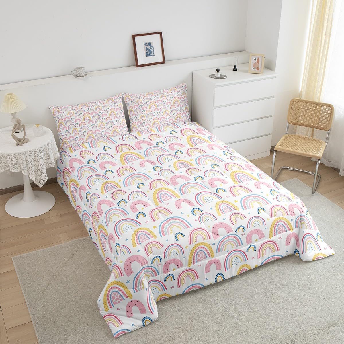 Erosebridal Rainbow Queen Comforter Set for Girls and Boys, Kawaii Yellow Rainbow Star Bedding Cute Stars Cartoon Bedding Comforter Sets Bedroom Decor, 1 Comforter 2 Pillowcases