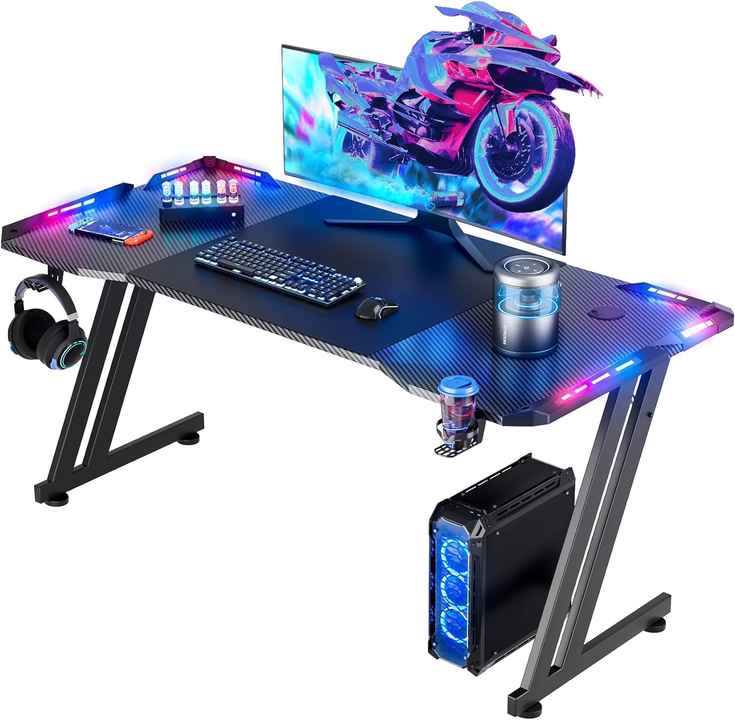 HLDIRECT LED Gaming Desk, "Manufacturer One-Year Warranty", W 47.2 x D 23.6 inches (120 x 60 cm); Z-Frame; Carbon Fiber Top; PC Desk; Cup Holder and Earphone Hooks; Black