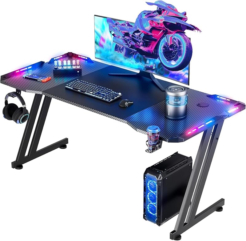 47 Inch Gaming Desk with App-Controlled RGB LED Lights, Black | Z-shaped frame design, cup holder, headphone hook, cable management & mouse pad, for dual-monitor gaming and work setup