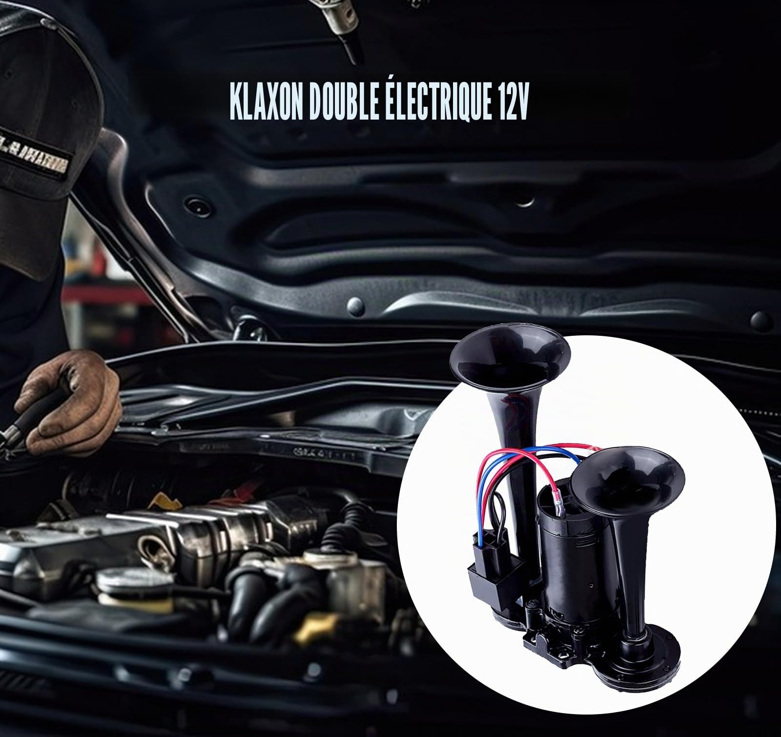 Klaxon à air pour camion 150 dB 12 V double trompette super puissant avec compresseur pour camions, trains, camions, voitures, bateaux (noir)