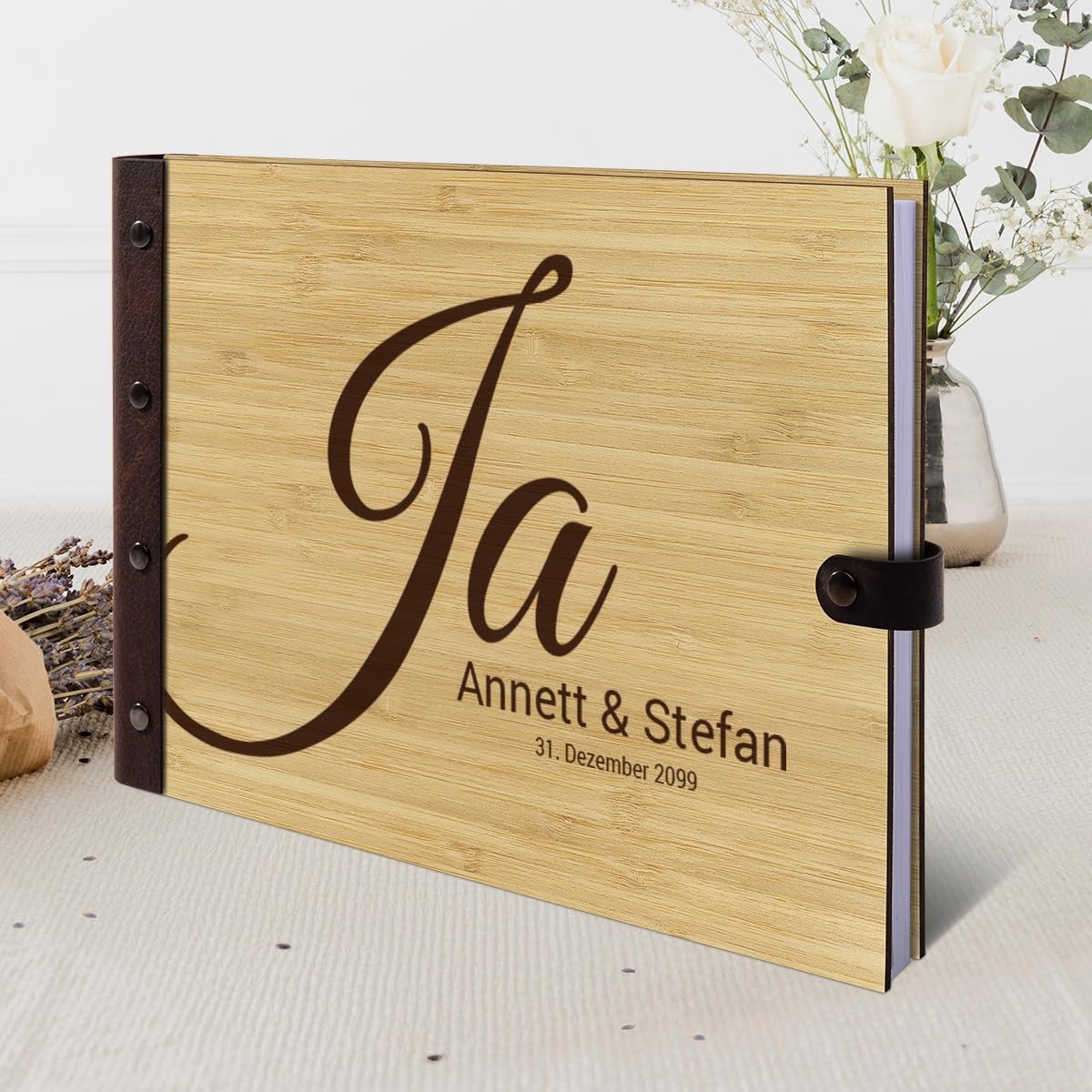 Personalisiertes Hochzeit Gästebuch echtes Holz DIN A4 Hochzeitsbuch mit Lasergravur - Ja - mit 72 Blatt / 144 Seiten Naturpapier Weiß