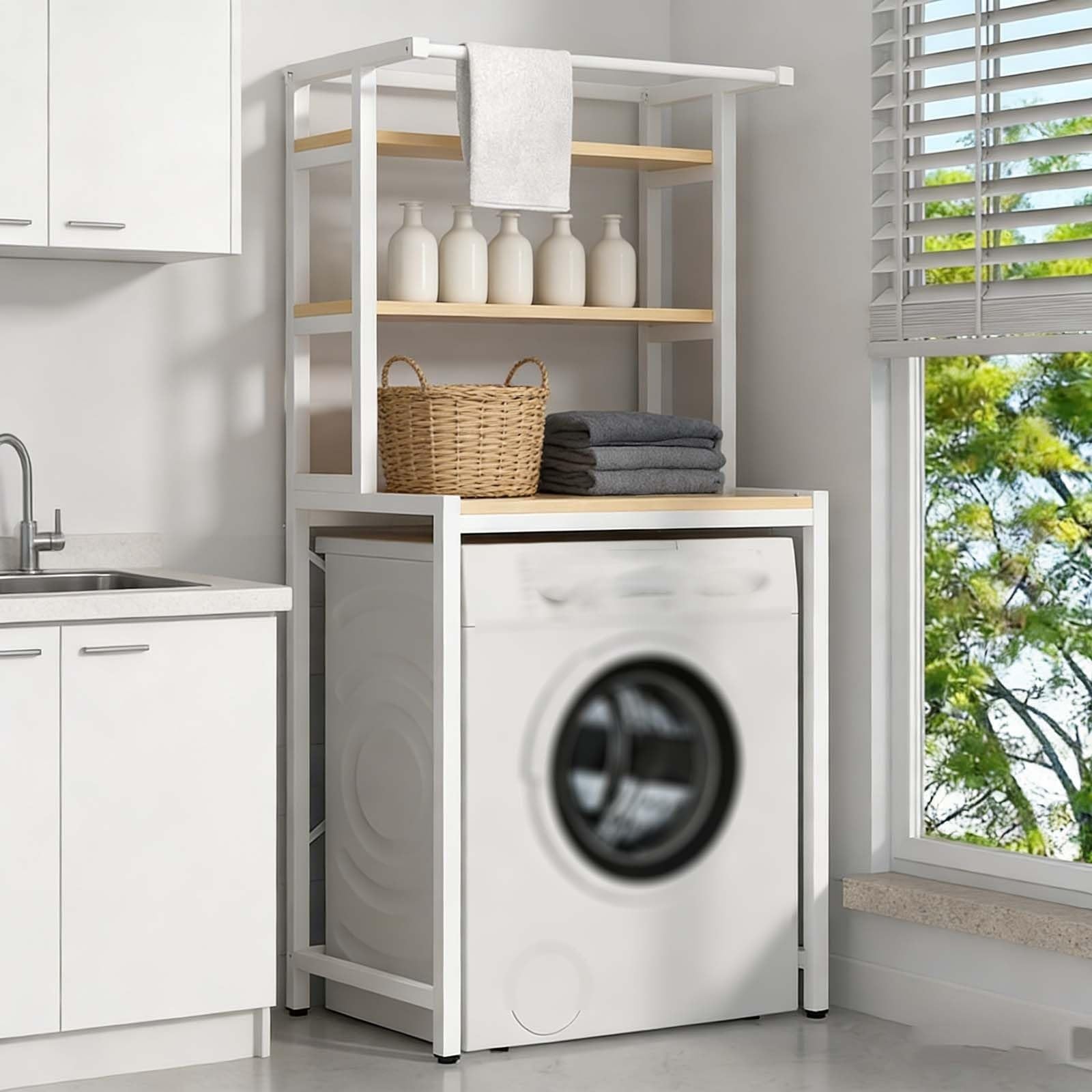 Étagère machine à laver blanche 3 niveaux pour rangement buanderie et optimiser espace balcon