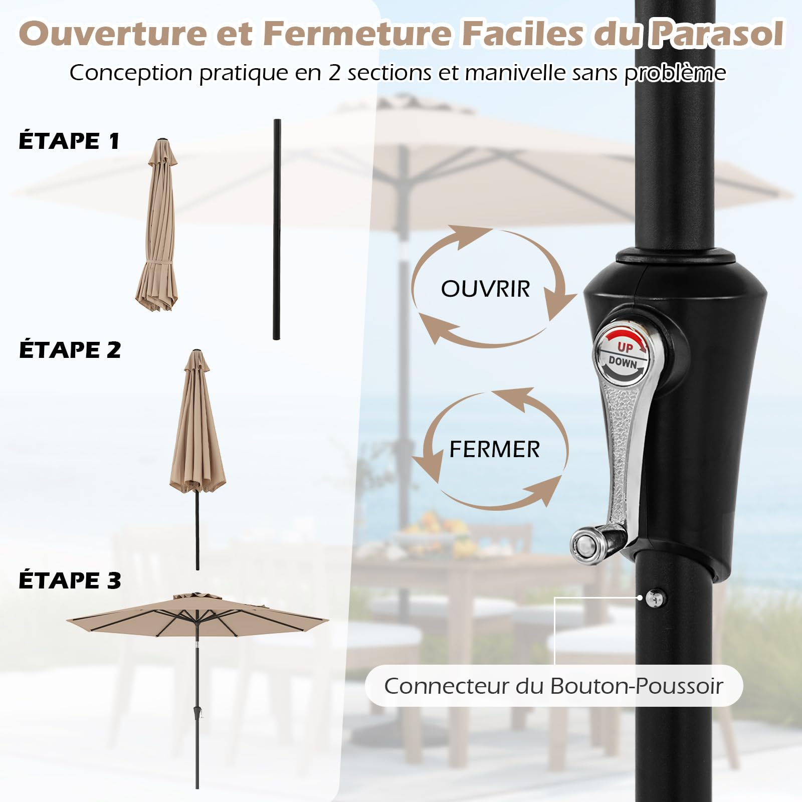 GOPLUS Parasol de Jardin Exterieur 3M, Grand Parasol Inclinable de 25° avec Manivelle, 8 Baleines Renforcés, Anti-UV, pour Terrasse Plage Balcon Patio, sans Base (Marron)