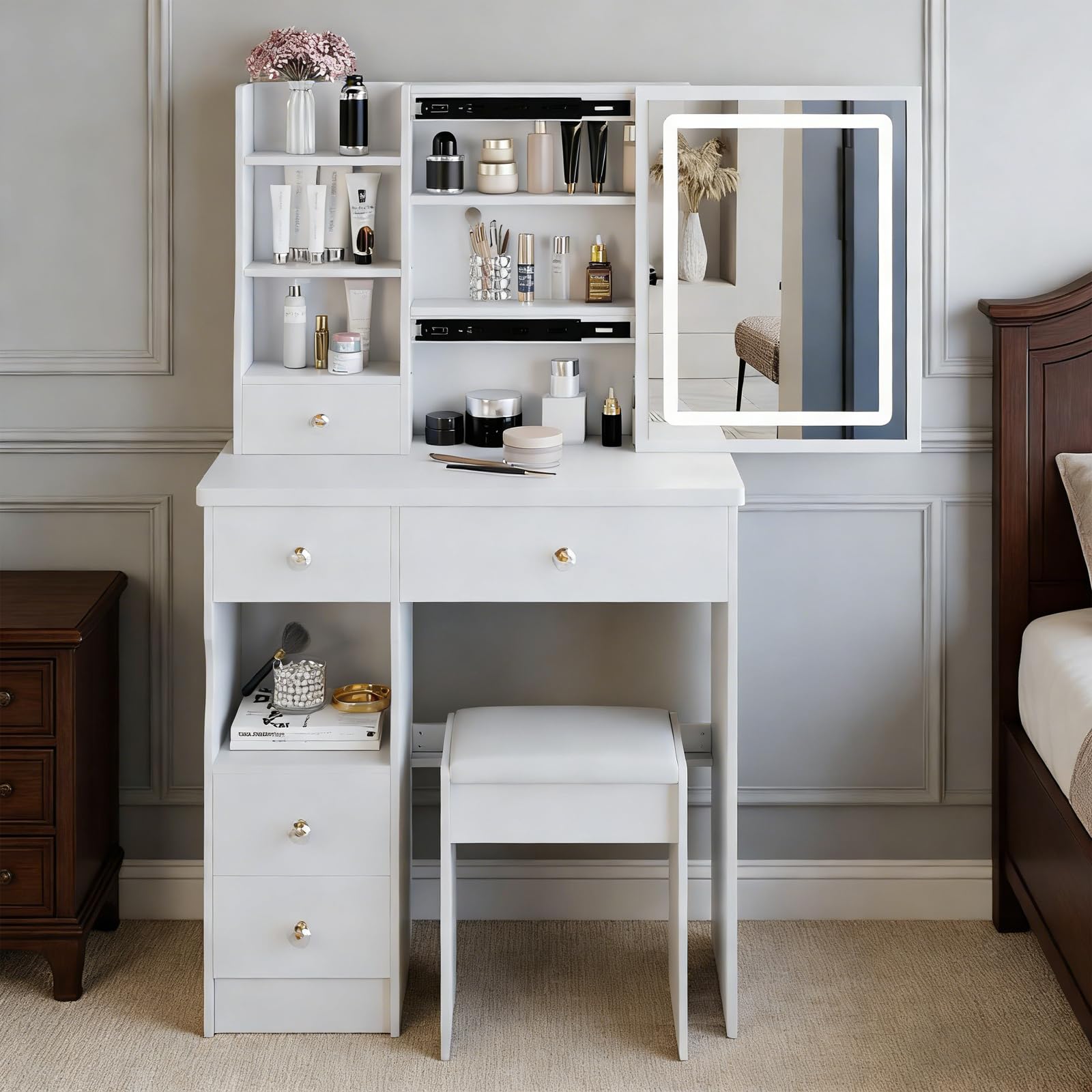 Elysionix 29 inch Makeup Vanity Desk Table with Mirror Light and Stool,Small Makeup Vanity Table Set with Lighting Mirror Storage Drawers, Dressing