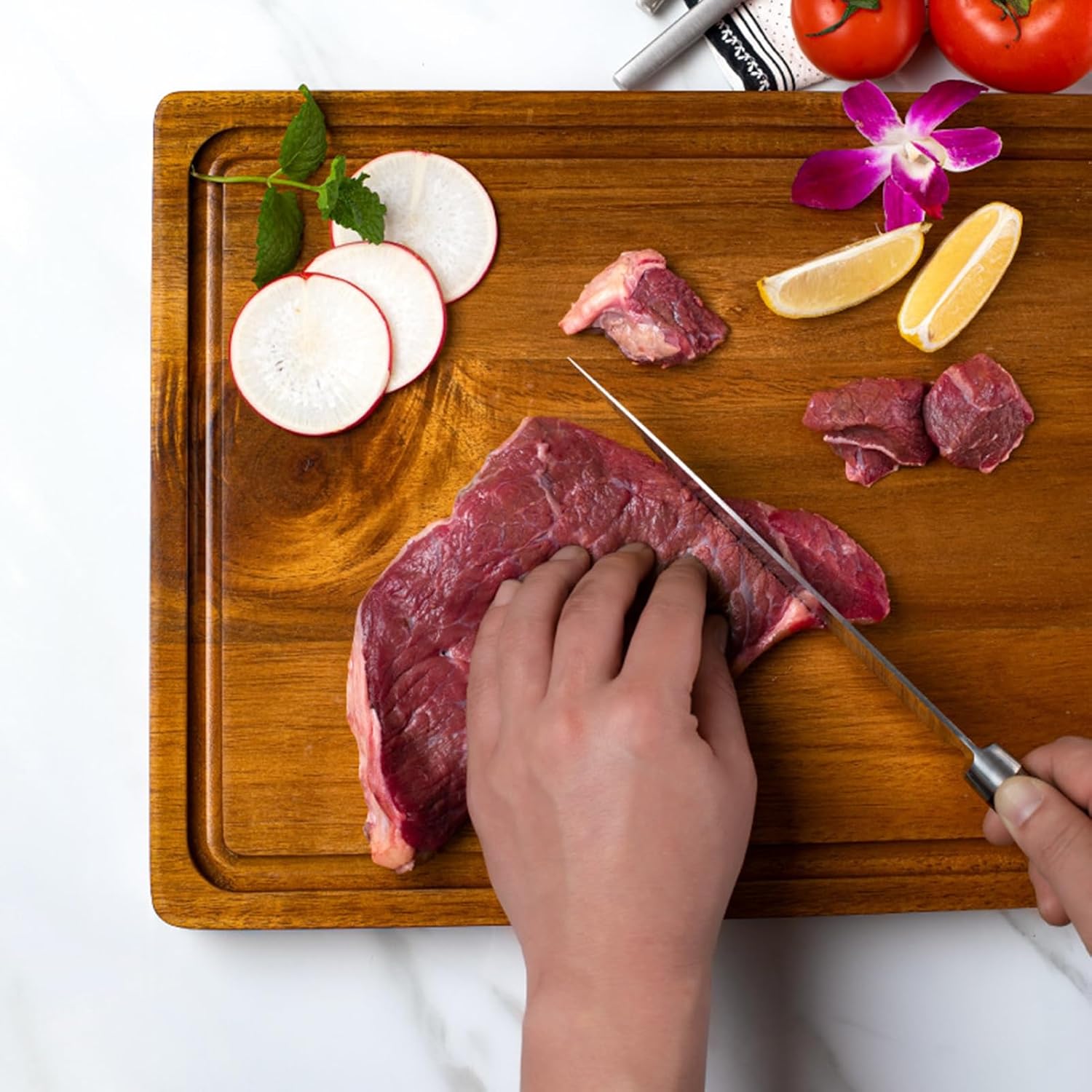 Cutting Boards For Kitchen Acacia Wood Chopping Board With Juice Groove & Handles Butcher Block Serving Tray For Cheese, Vegetables, Fruits