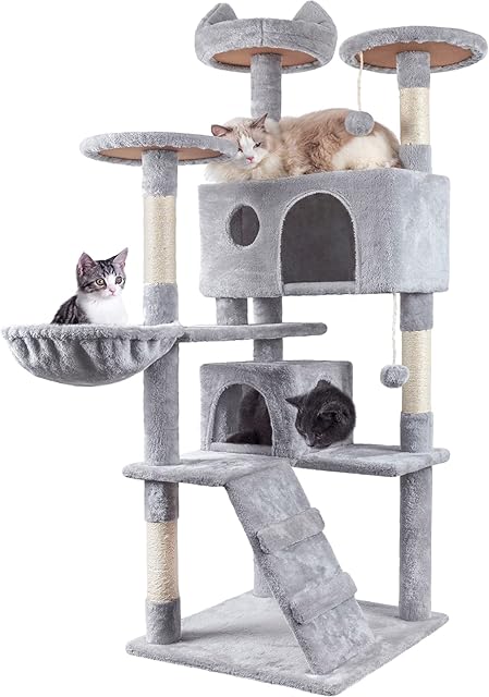 HOMIDEC Cat Tree, 151cm Cat Scratching Post Stable Cat Tower for Large Cat, Activity Centre Cat Climbing Tree with 2 Cat House, Hammock, 4 Sisal Posts, Ladder, and Rest Place for Indoor Cat