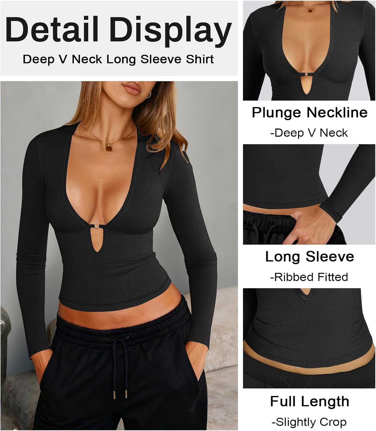 Women's Long Sleeve Deep V Neck Shirt Ribbed Knit Going Out Tops for Women Slim Fit Crop Trendy Y2k Casual Tight Shirts - Image 4