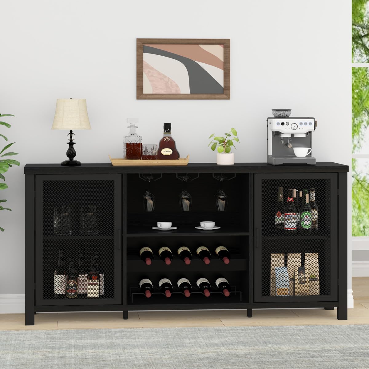 HSH Kücheschrank Mit Stauraum Farmhouse Buffetschränke Küche Mit Regal Für Spirituosen Kaffee Industriell Sideboard Für Zuhause Wohnen Esszimmer Weinschrank Schwarz 140 cm