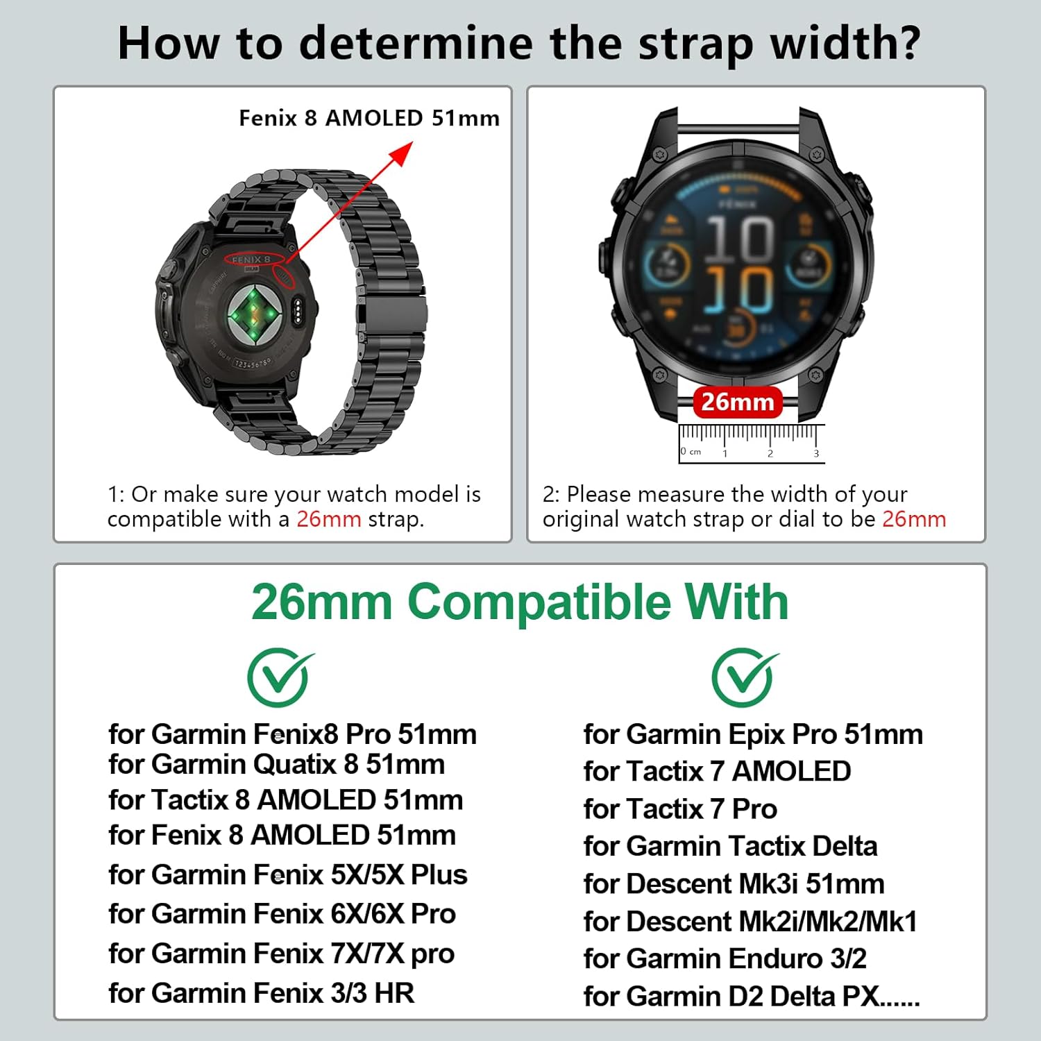 26mm Stainless Steel Quick fit watch Band Compatible With Fenix 8 Pro AMOLED 51mm/Fenix 7X 6X Pro/5X Plus /3 HR/quatix 8 tactix 8 AMOLED Descent Mk3i epix Pro 51mm/Enduro 3/2/tactix 7 Pro