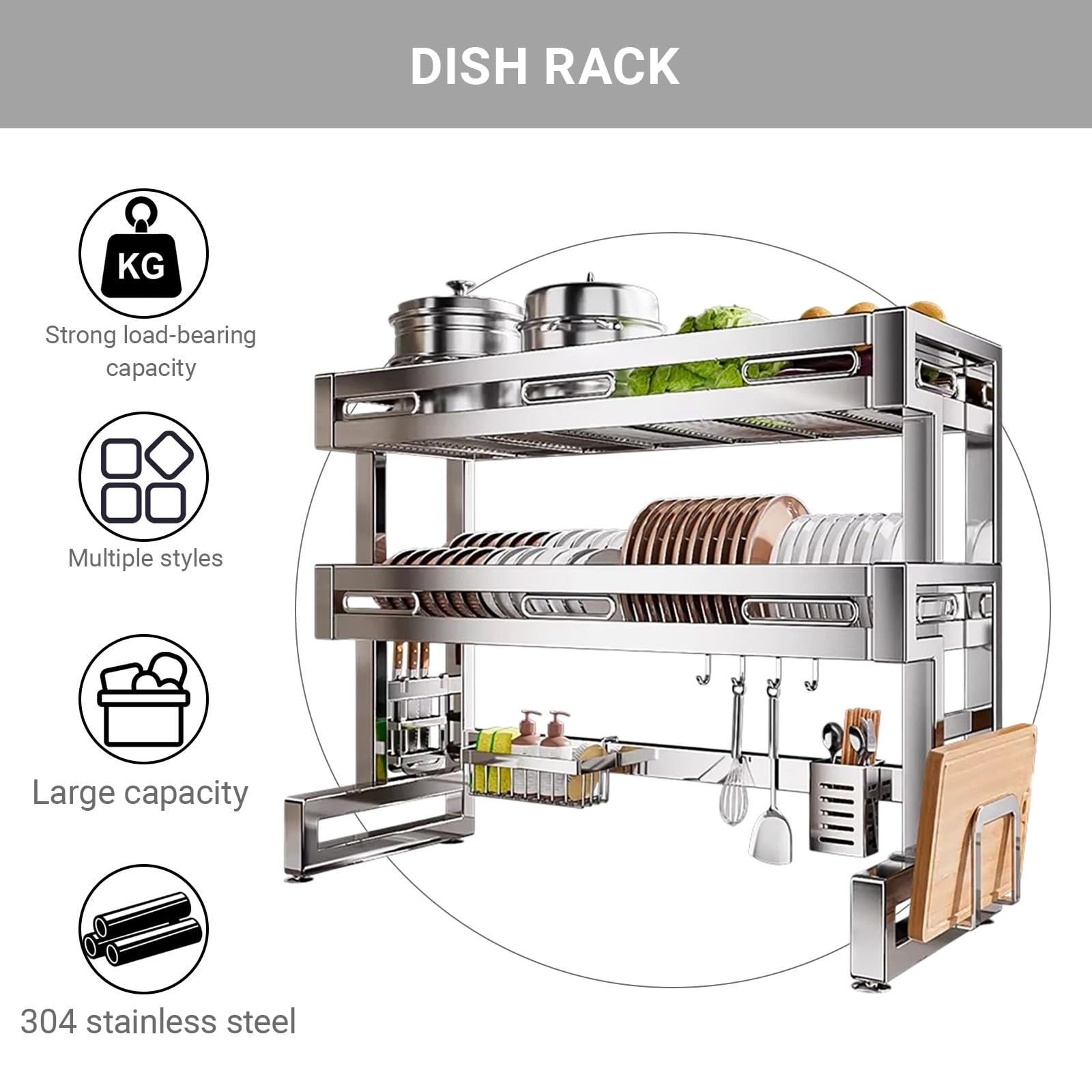 inless Steel 304 - Scolapiatti a 3 ripiani, salvaspazio, da cucina, con supporto per posate e tagliere, design antiruggine (86 x 29 x 78 cm)
