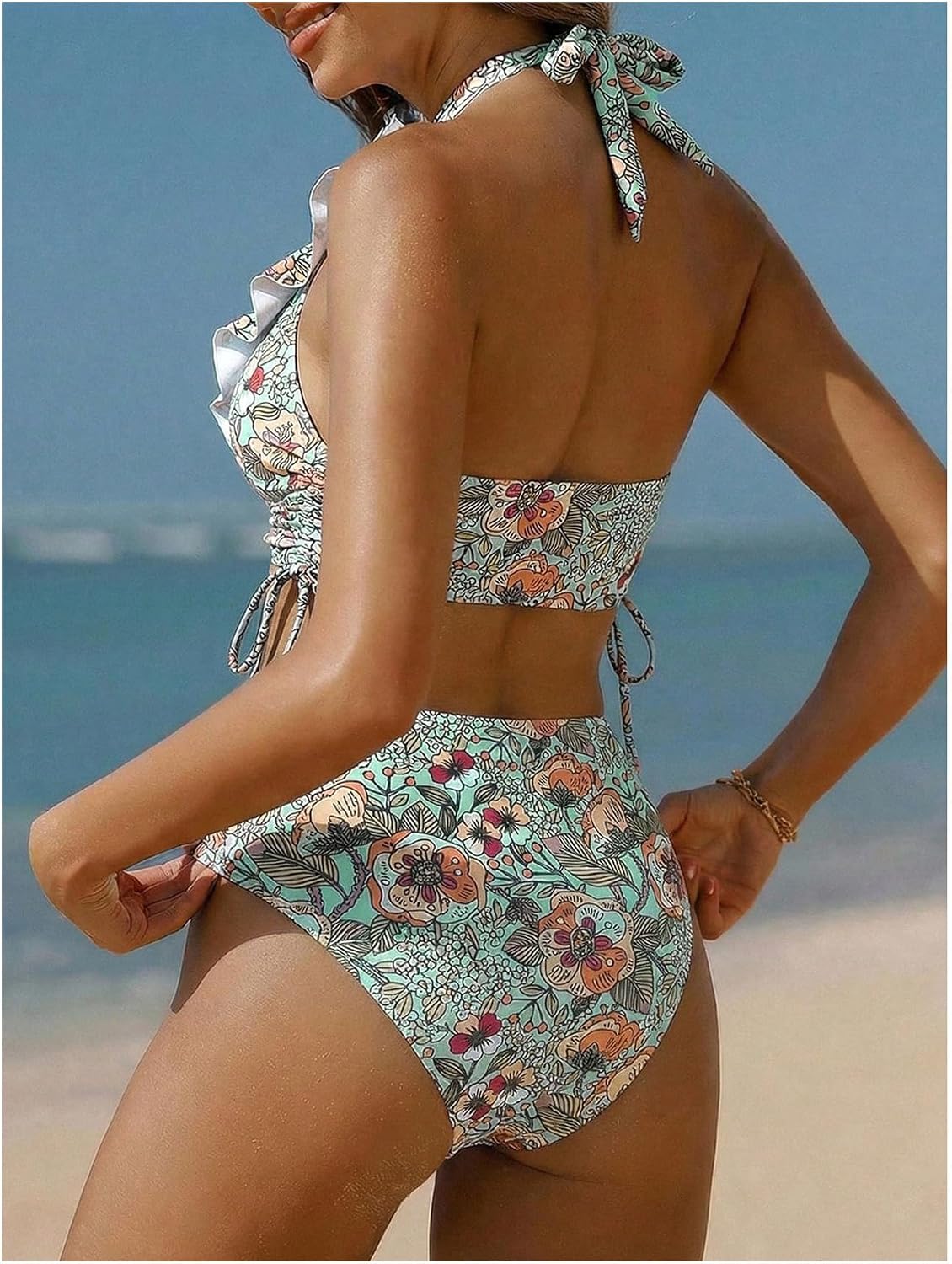 GORGLITTER Women's Floral High Waisted Bikini Sets 2 Piece Ruffle Swimsuits Cute Boho Summer Beach Bathing Suit