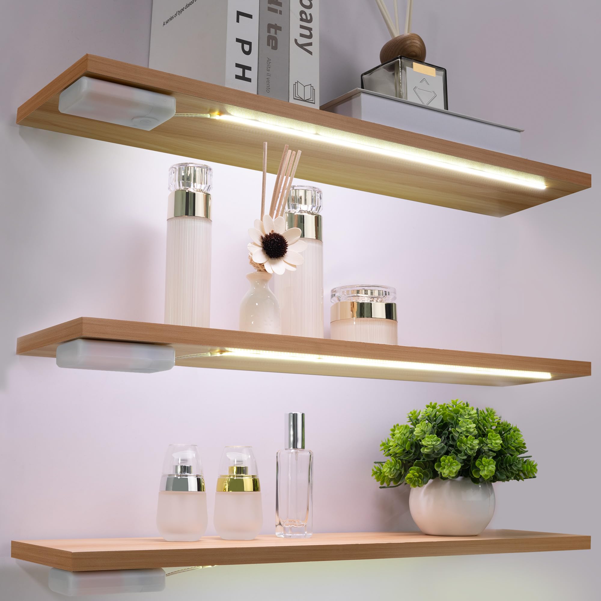 3 Packs Battery Powered COB LED Strip Lights, 15" Cordless Under Cabinet Lighting for Shelves, 6000K White Cordless LED Shelf Lights for Closet, Pantry, RV