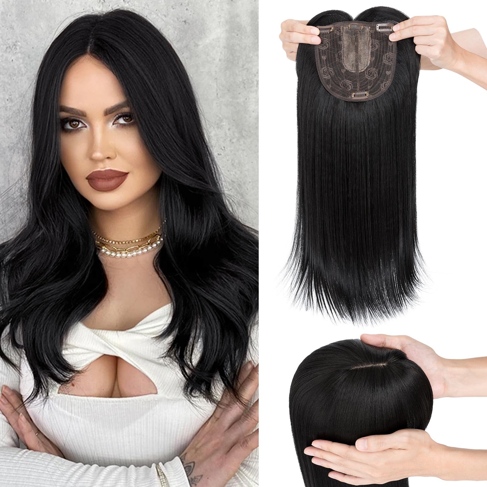 Hairro Hair Toppers with Bangs for Women, 6"x6" Base Add Volume Length with Invisible Clips In Hairpieces Synthetic Wiglets, for Daily Use/Halloween/