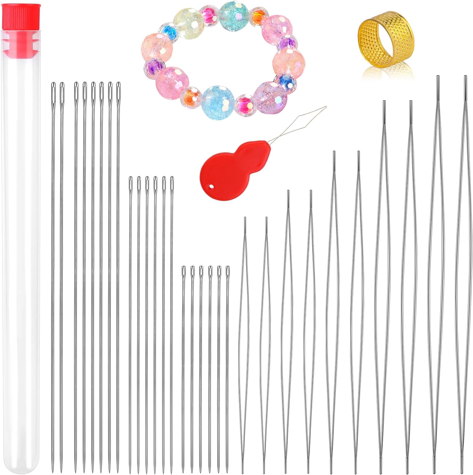30 Pieces Beading Needles Set 5 Size 10 Pieces Big Eye Needles and 20 Pieces Long Straight Needles with Bottle for Bracelet Necklace Easy Threading