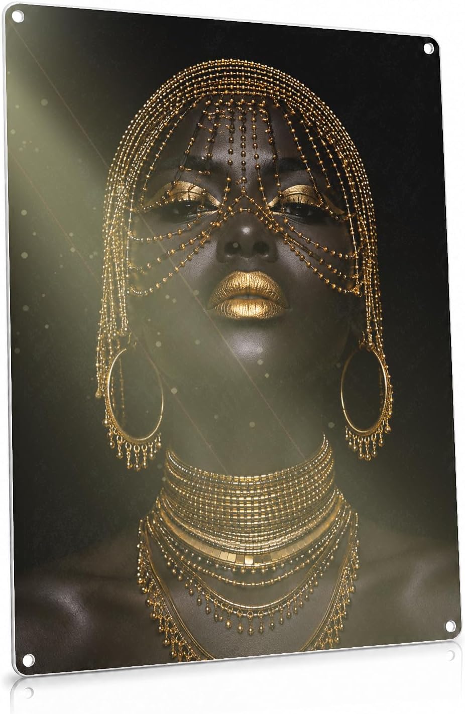 Fashion Art Gold Beaded Headpiece Opulent Tin Sign 12x16In