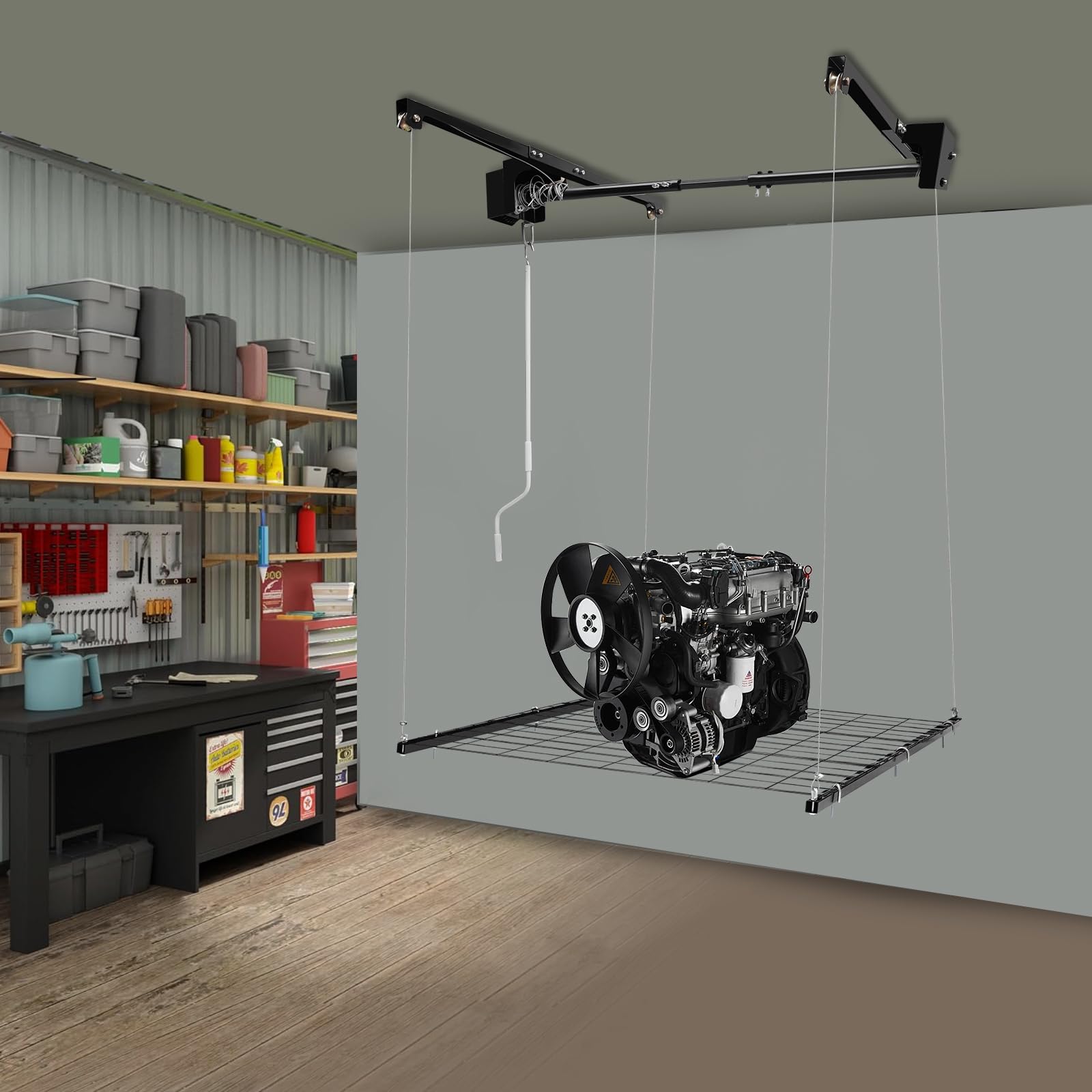 Fifizoo Overhead Garage Storage Rack - Adjustable 4x4 Ft Heavy-Duty Ceiling Mounted Metal Organizer, 250 lbs Weight Capacity, Ideal for Maximizing Overhead Space (Matte Black)