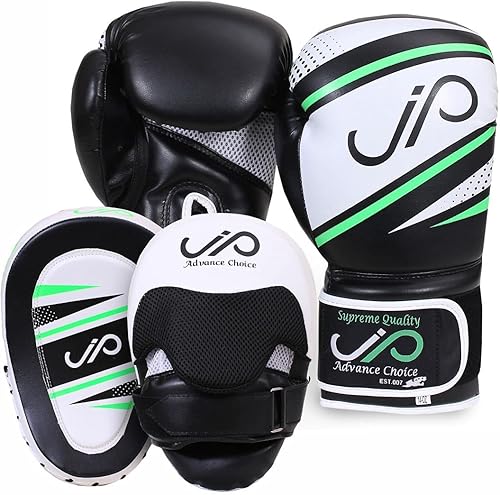 JP - Juego de almohadillas y guantes de boxeo Maya Hide de cuero Kara con gancho y Jab curvados con guantes de boxeo para MMA, Muay Thai, Kickboxing
