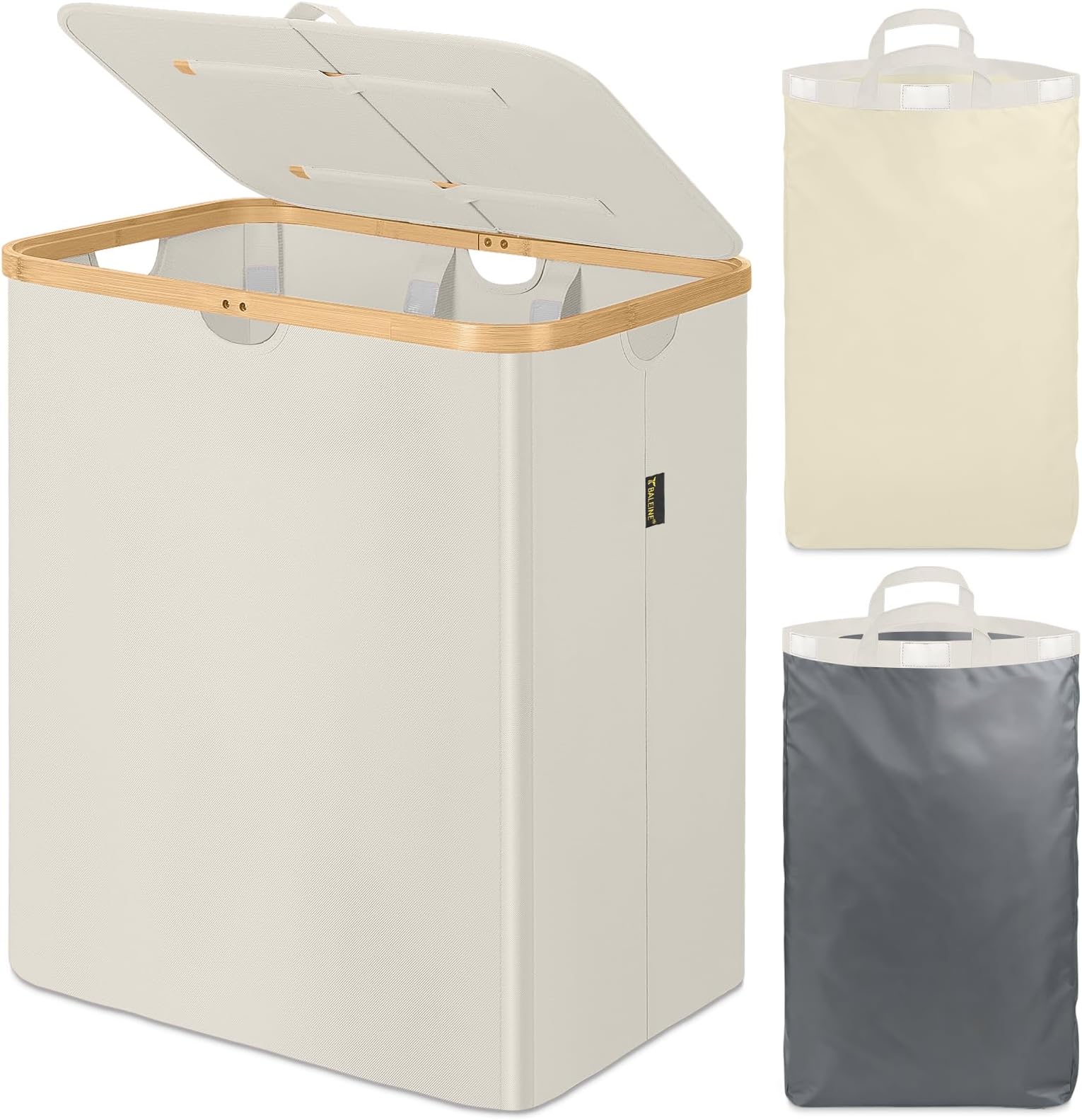 BALEINE Laundry Hamper with Lid, Tall Laundry Baskets with Bamboo Pull Handles, Large Laundry Bin with Internal Support (36 Gal/140L, Beige)