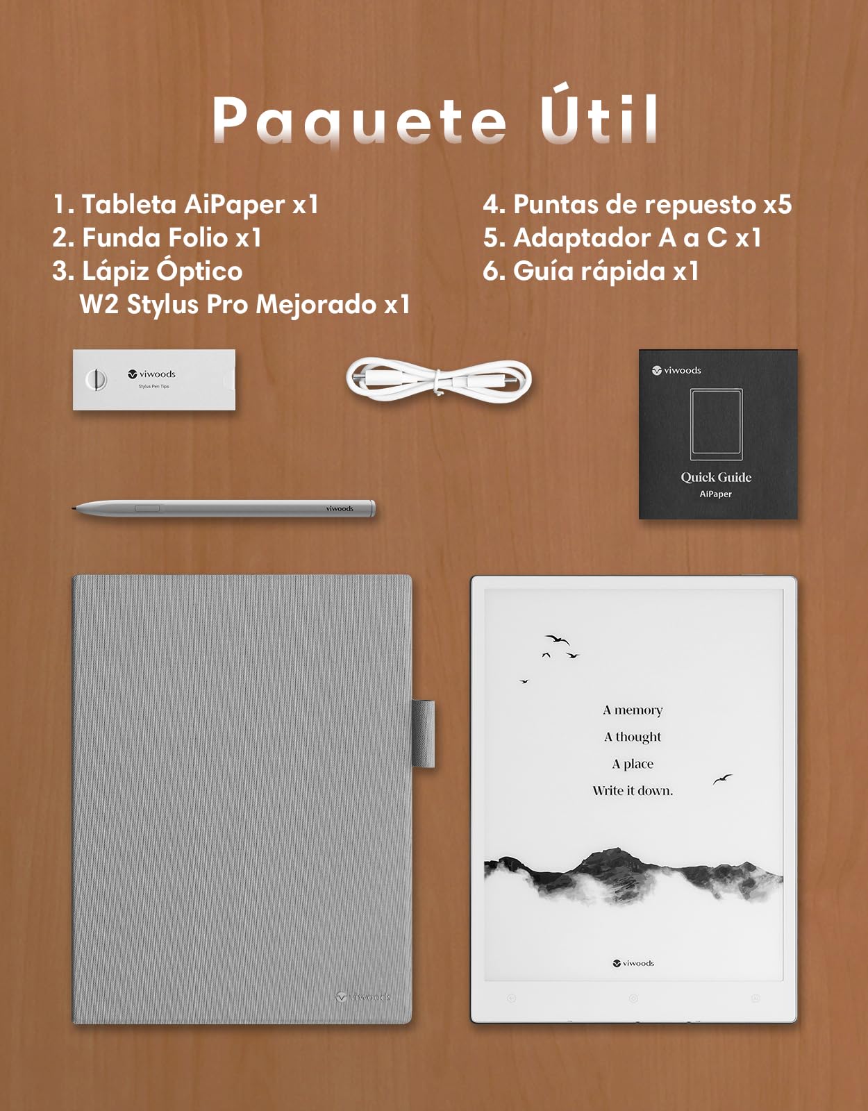 VIWOODS Paquete Mejorado con AiPaper, Stylus Pro y 5 Puntas, Tablet Carta 1300 AI E Ink, 10.65'' 300PPI Cuaderno Electrónico con Bolígrafo, Ultrafino 4.5mm, Ligero 370g