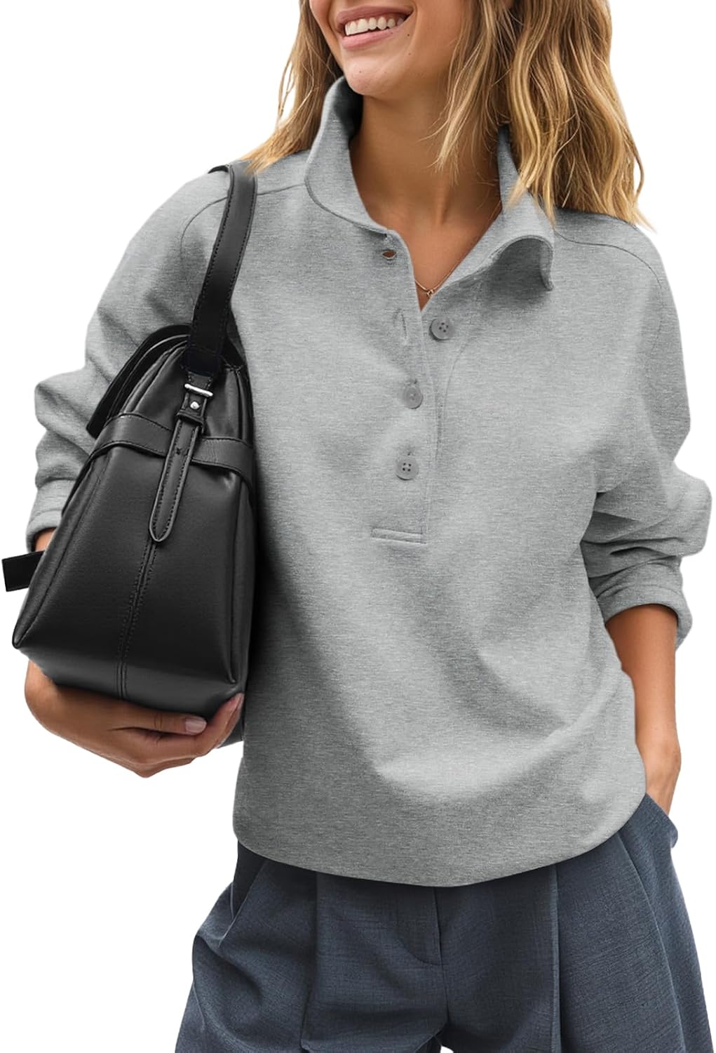 Fisoew Womens Casual Sweatshirt Long Sleeve Button Collared Loose Fit Fall Pullover Tops