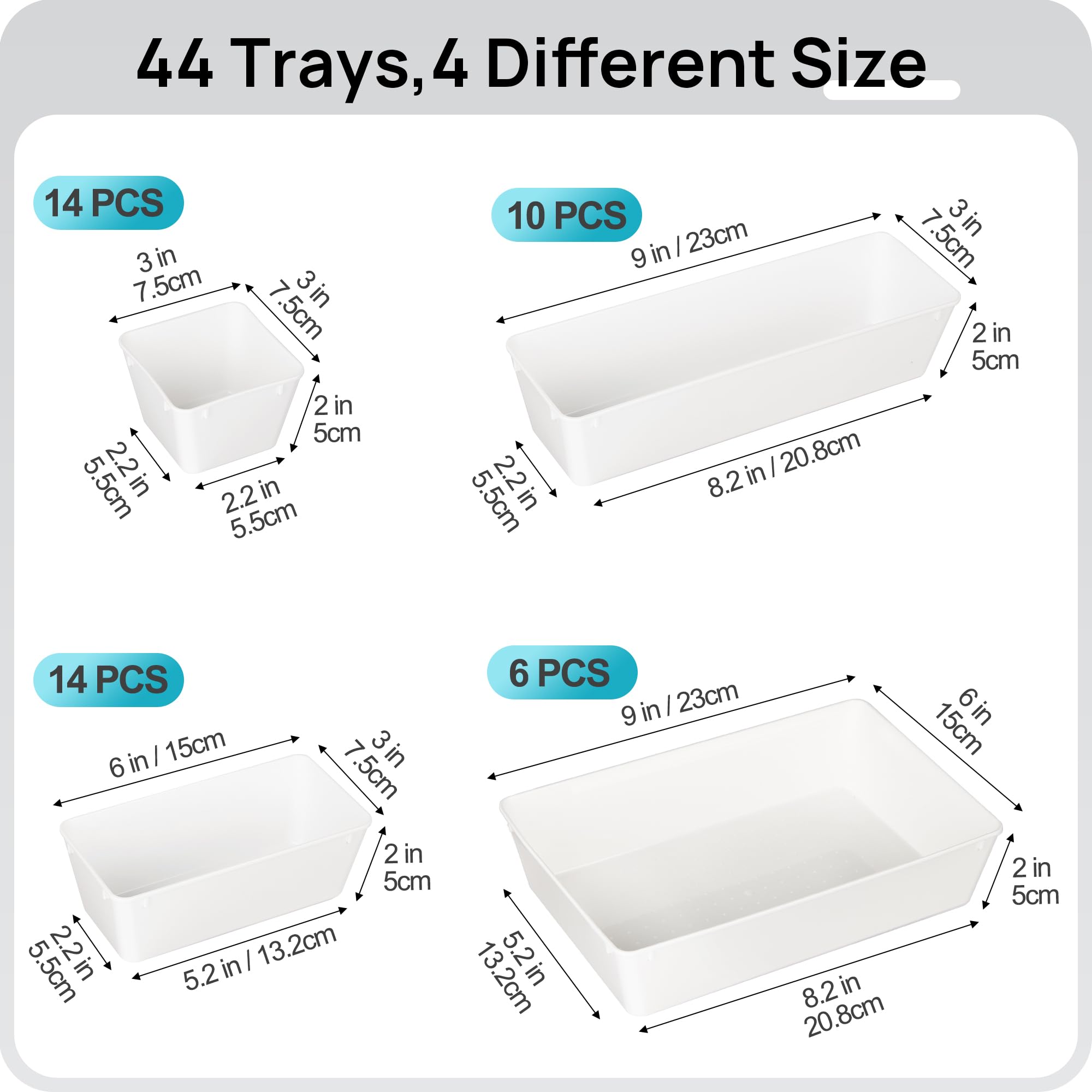 Vtopmart Set di 44 organizer per cassetti in plastica trasparente, colore: bianco