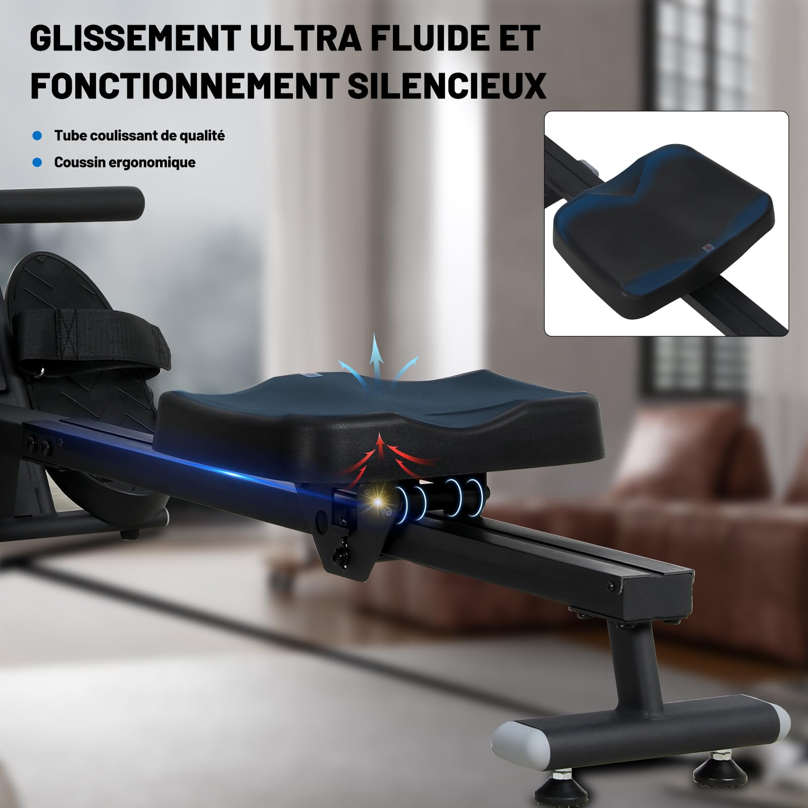 Rameur Eau d'Appartement Musculation avec Résistance Réglable, Multifonction Écran LCD, Support Tablette, Rameur a Eau Rails Lisses/Siège Confortable, Rameurs Ergonomie Capacité 135KG, Noir