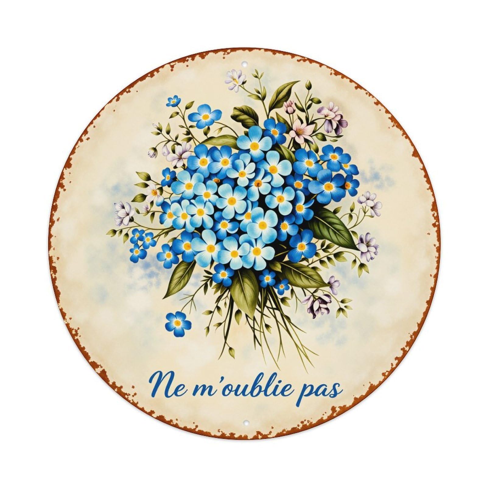 Blue Flowers Green Leaves Text Circle Metal Tin Sign Vintage Garden Bedroom Cafe Bar Man Cave Home Wall Decor Metal Poster 8x8 inches