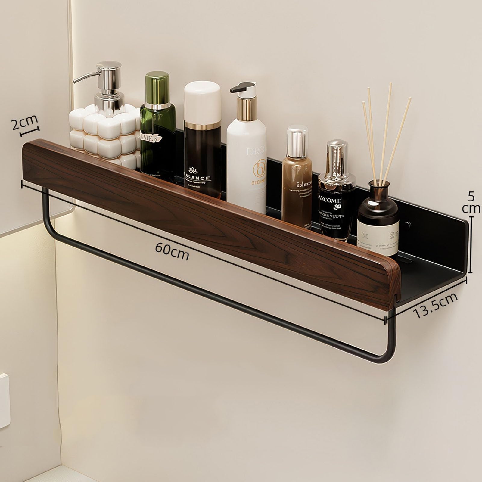 Organizer Da Bagno A Parete Senza Fori, Portasciugamani Doccia In Acciaio Al Carbonio Effetto Legno Per Bagno, Doccia, Cucina(60cm)