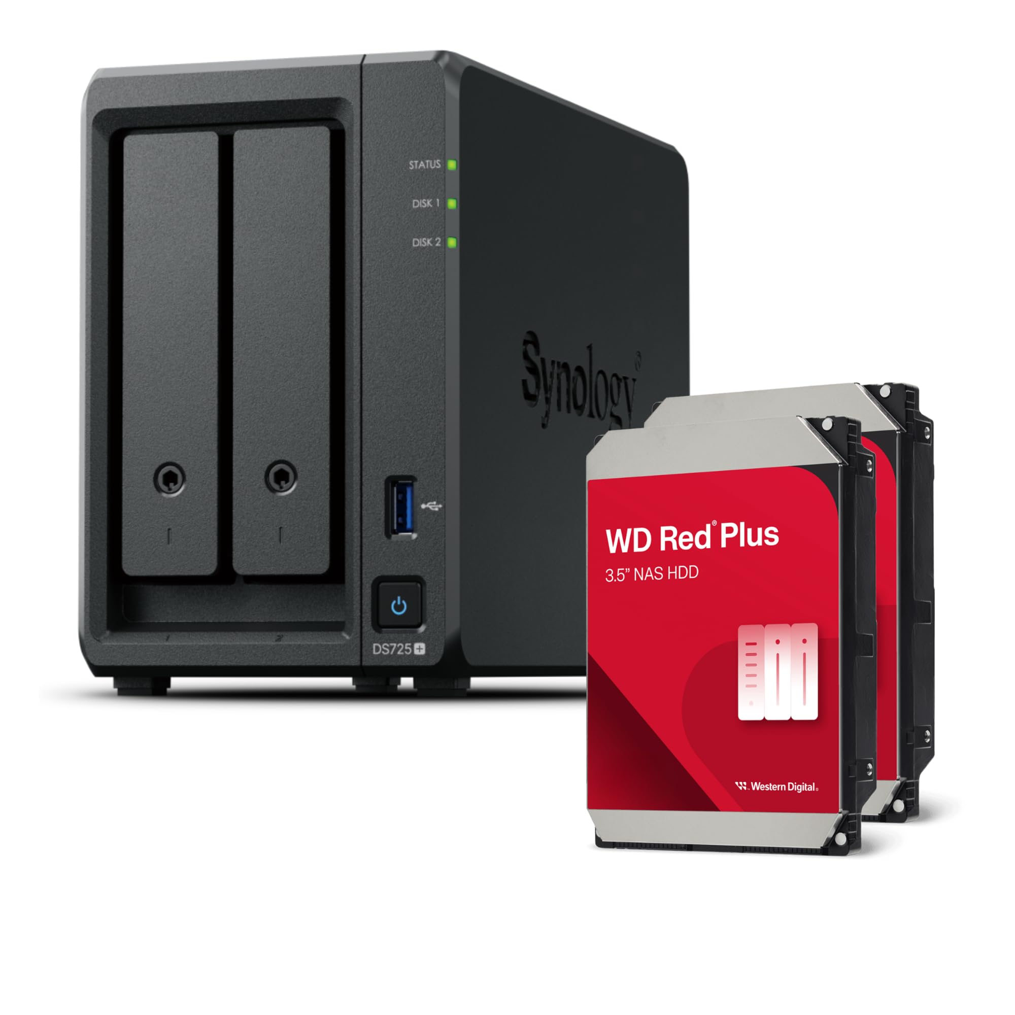 Synology DS725+ 12TB Bundle Western Digital (WD Red Plus 2X 6TB) 2 Bay Plus Serie con Ryzen R1600, 4 GB de RAM (32 GB máximo), 1 x 2,5 GbE, 1 x 1 GbE, 2 ranuras M.2 NVMe