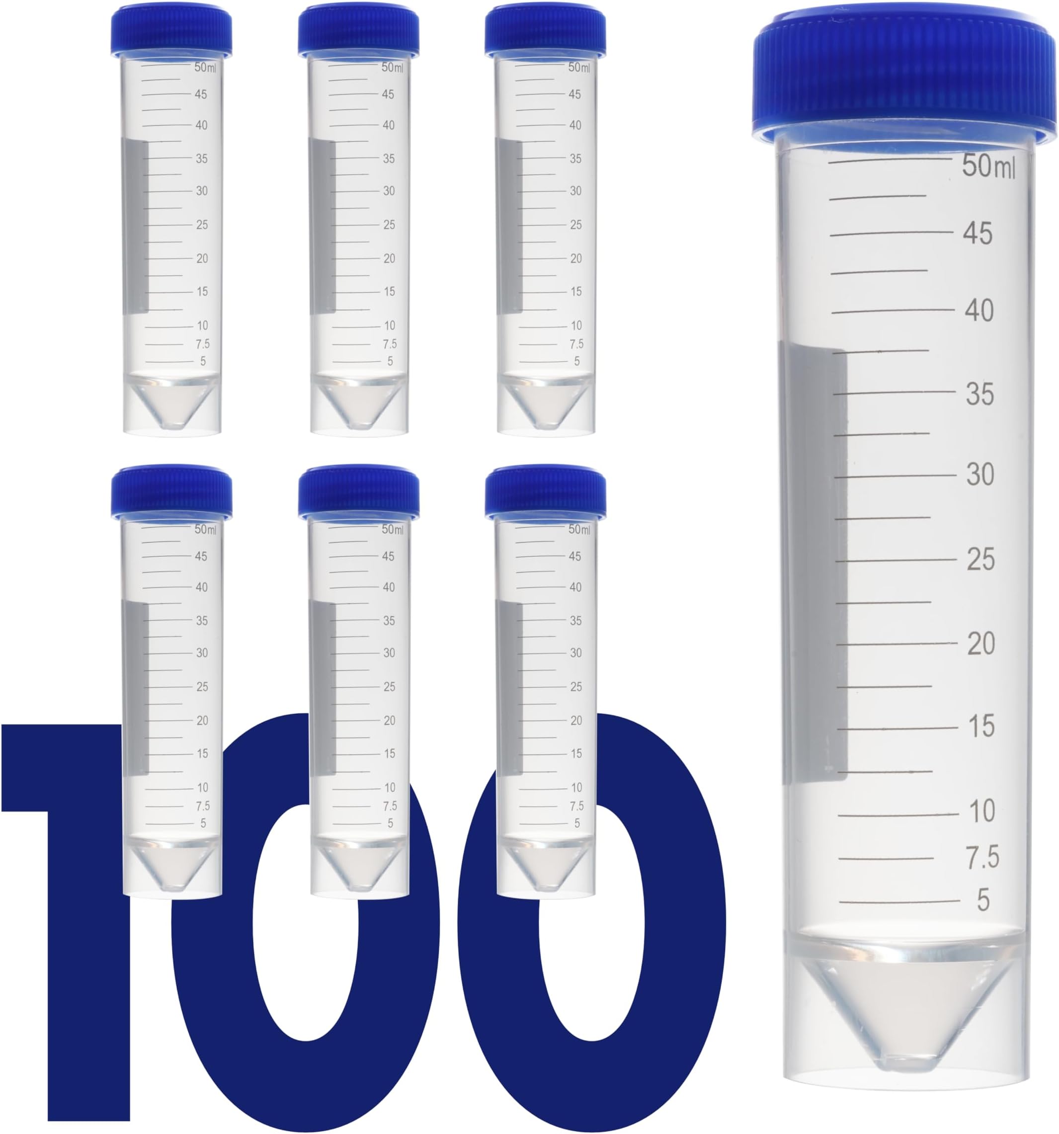 Kashi Scientific 50mL Self Standing Plastic Centrifuge Tubes with Screw Cap Lid, Skirted with Printed Graduation and Write-on Spot [50mL Self-Standing, 100]