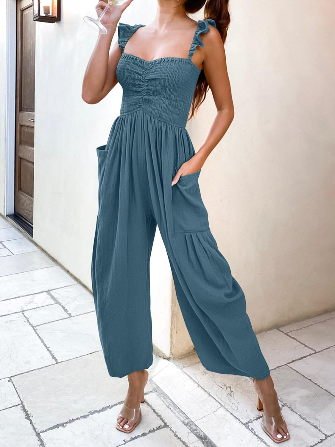 ANRABESS Women Summer Casual Dressy Sleeveless Smocked Wide Leg Linen Jumpsuits Rompers 2026 Trendy Travel Outfit Pocket - Image 5