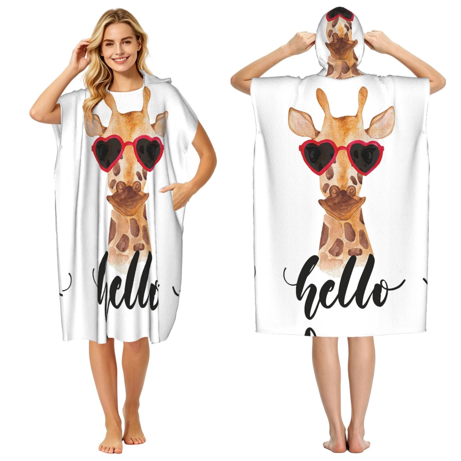 EZDLOWVBA Giraffe Print Hooded Poncho Microfiber Beach Towel,Adult Women & Men Changing Robe,Lightweight Summer Surf Swim Bath Poncho Towel