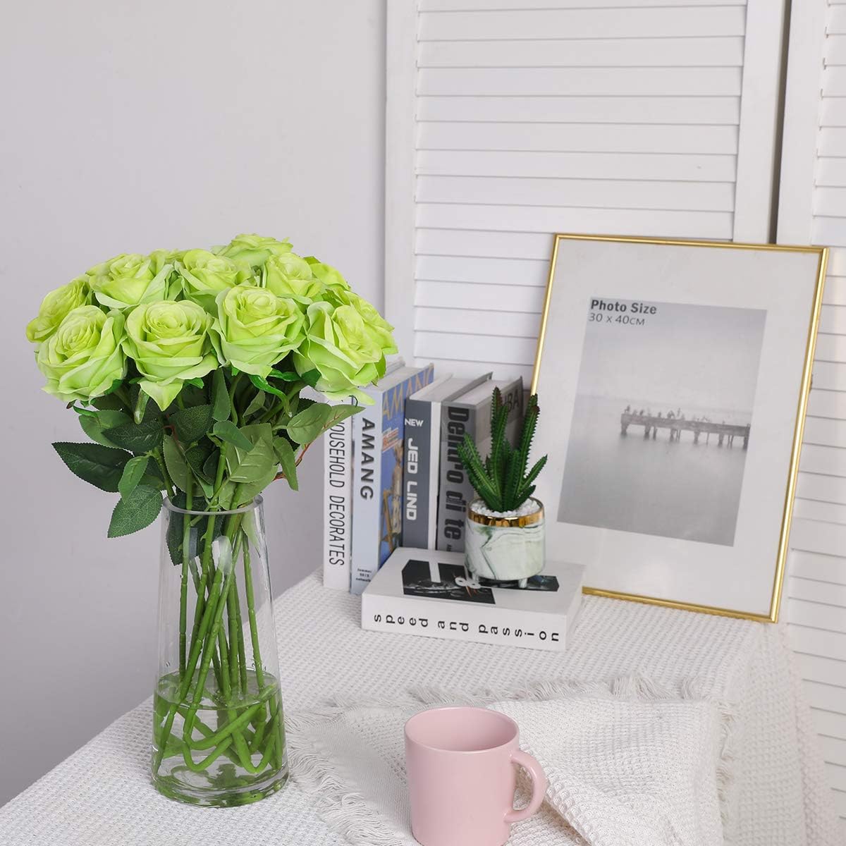 Nubry Artificial Silk Rose Flower Bouquet Lifelike Fake Rose for Wedding Home Party Decoration Event Gift 10pcs (Green) - Image 4