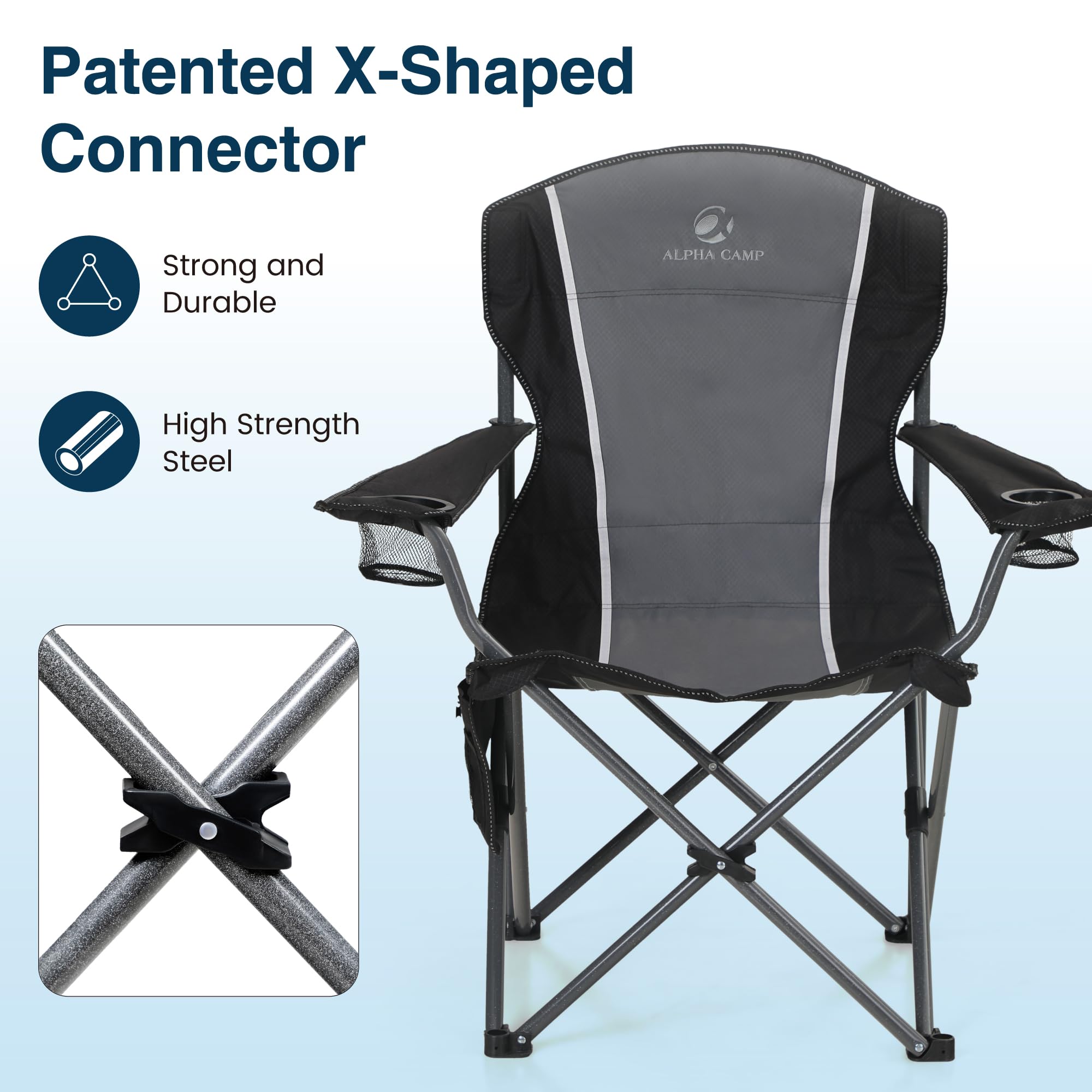 HIGH POINT SPORTS Silla de camping plegable, 160 kg, plegable, con reposabrazos, soporte para bebidas, marco de acero, portátil, color negro y gris, 2 unidades