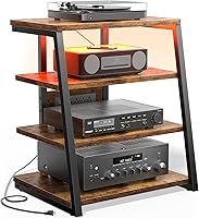 Besiost Rustic Brown AV Media Stand with Power Outlets, RGB LED Lights & Adjustable Shelves - Stereo Tower Cabinet for Audio Gear