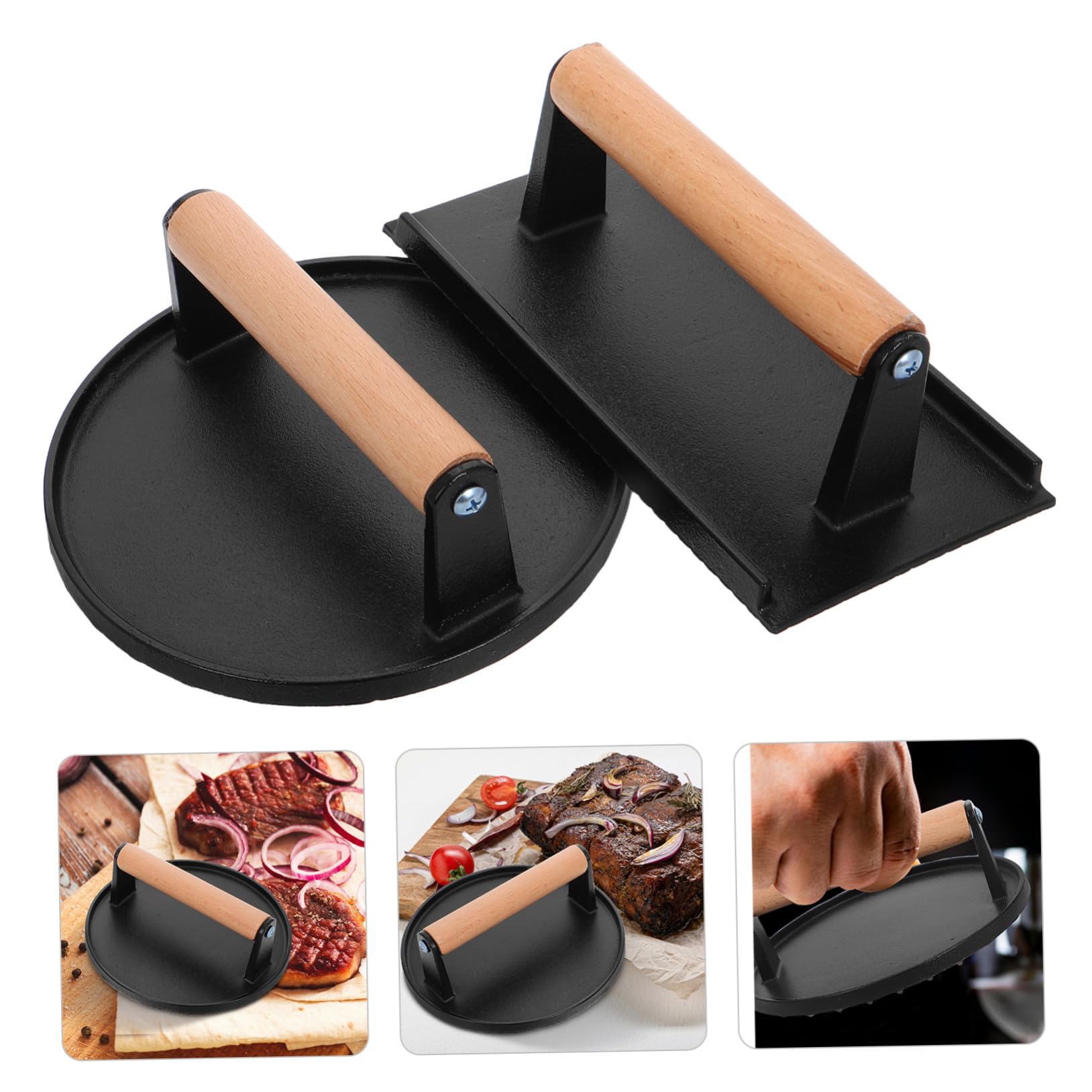TOYANDONA Prensa de Carne Multifuncional de Hierro Fundido de Alta Resistencia con Mango de Madera, Prensa de Hamburguesas Redonda y Rectangular para Cocina y Barbacoa