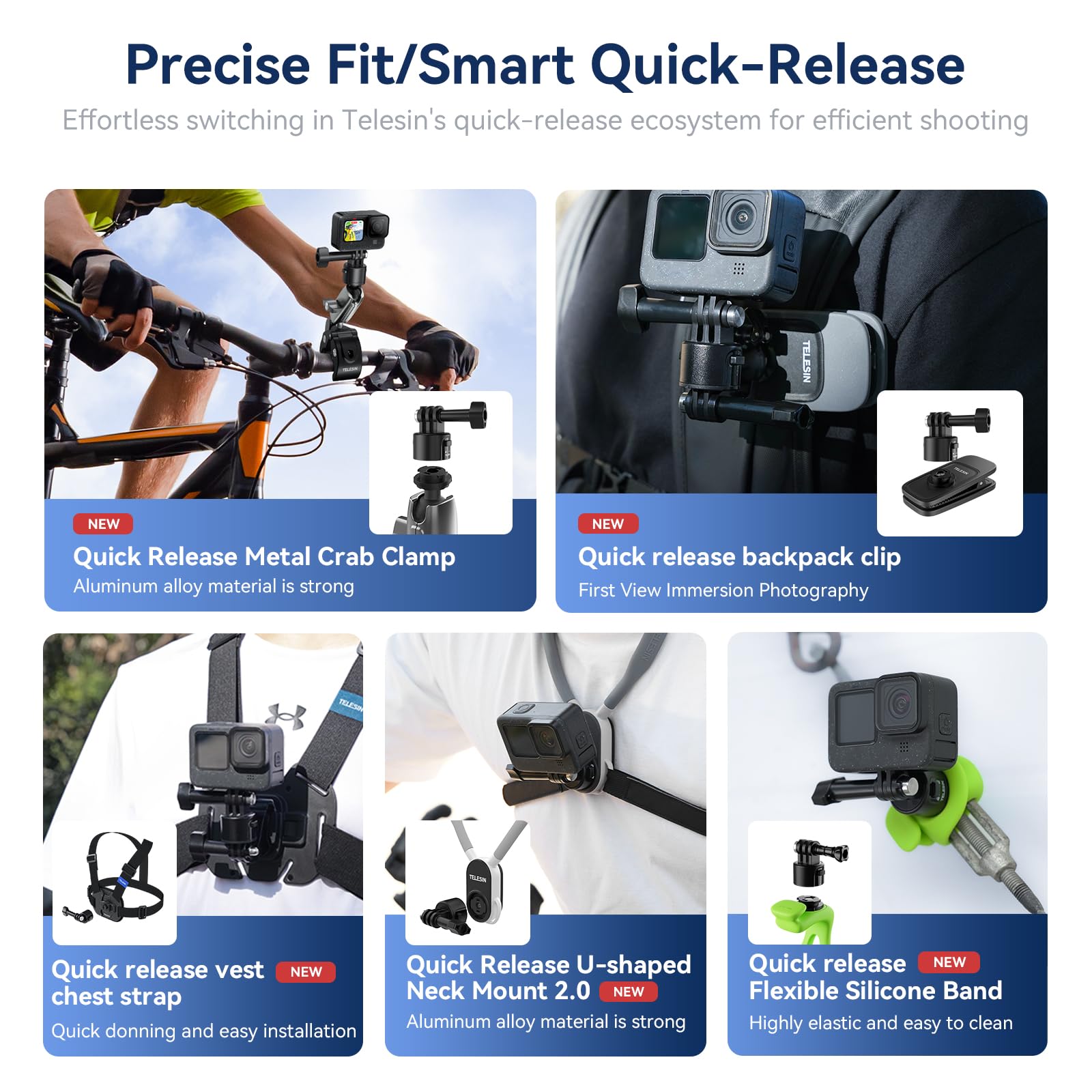 TELESIN° S2 Quick Release Clamp Bike Mount Motorcycle Handlebar Holder, Roll Bar Tube Clip Mounting Accessories for GoPro13 12 11 Go Pro Max Insta360 X3 X4 X5 Ace Pro 2 DJI Action 6 5 4 Pocket 3/4 3