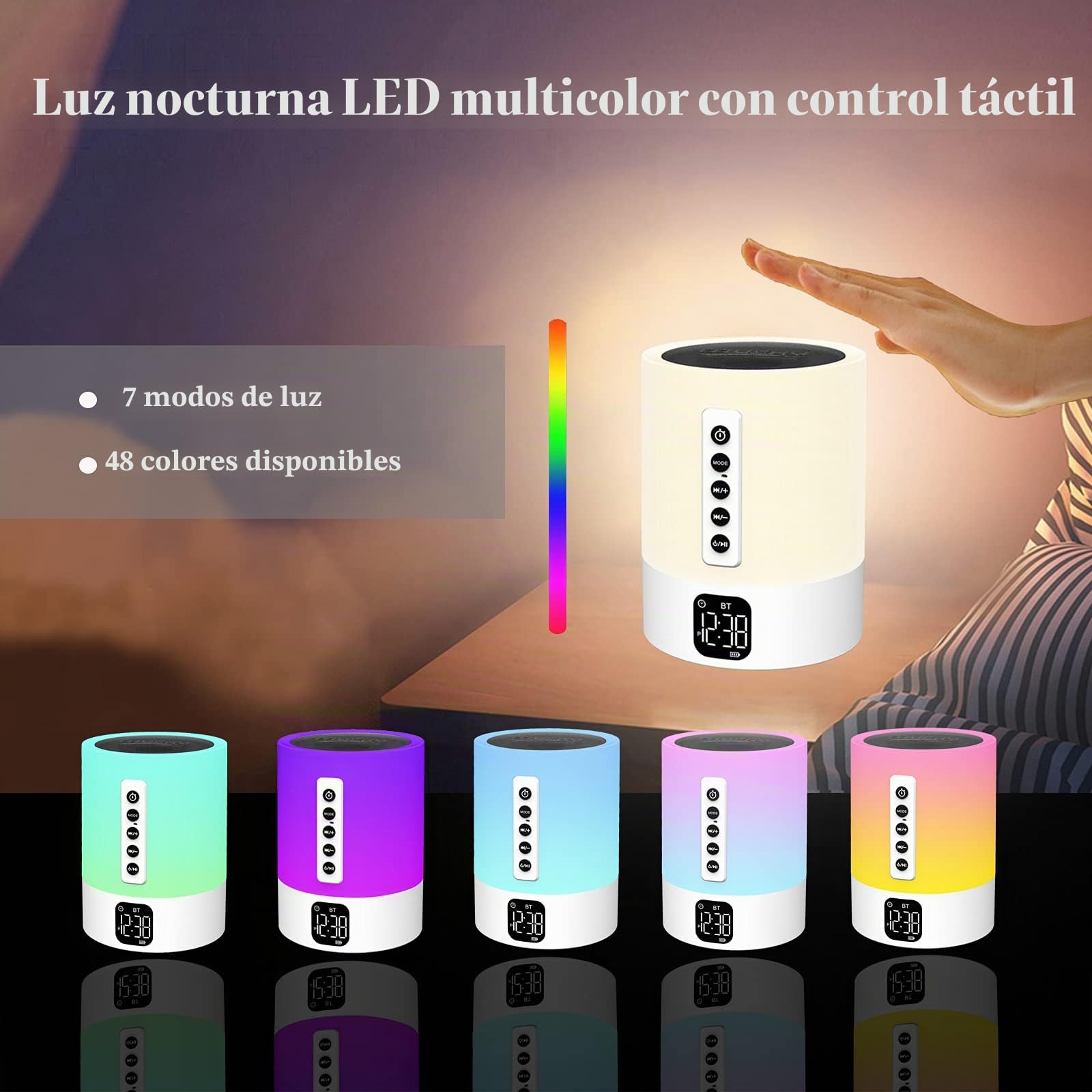 Altavoz Bluetooth con luz nocturna, máquina de ruido blanco, lámpara de noche táctil con reloj despertador, multicolor cambiante lámpara de mesa de dormitorio regalo para adolescentes, mujeres, niños
