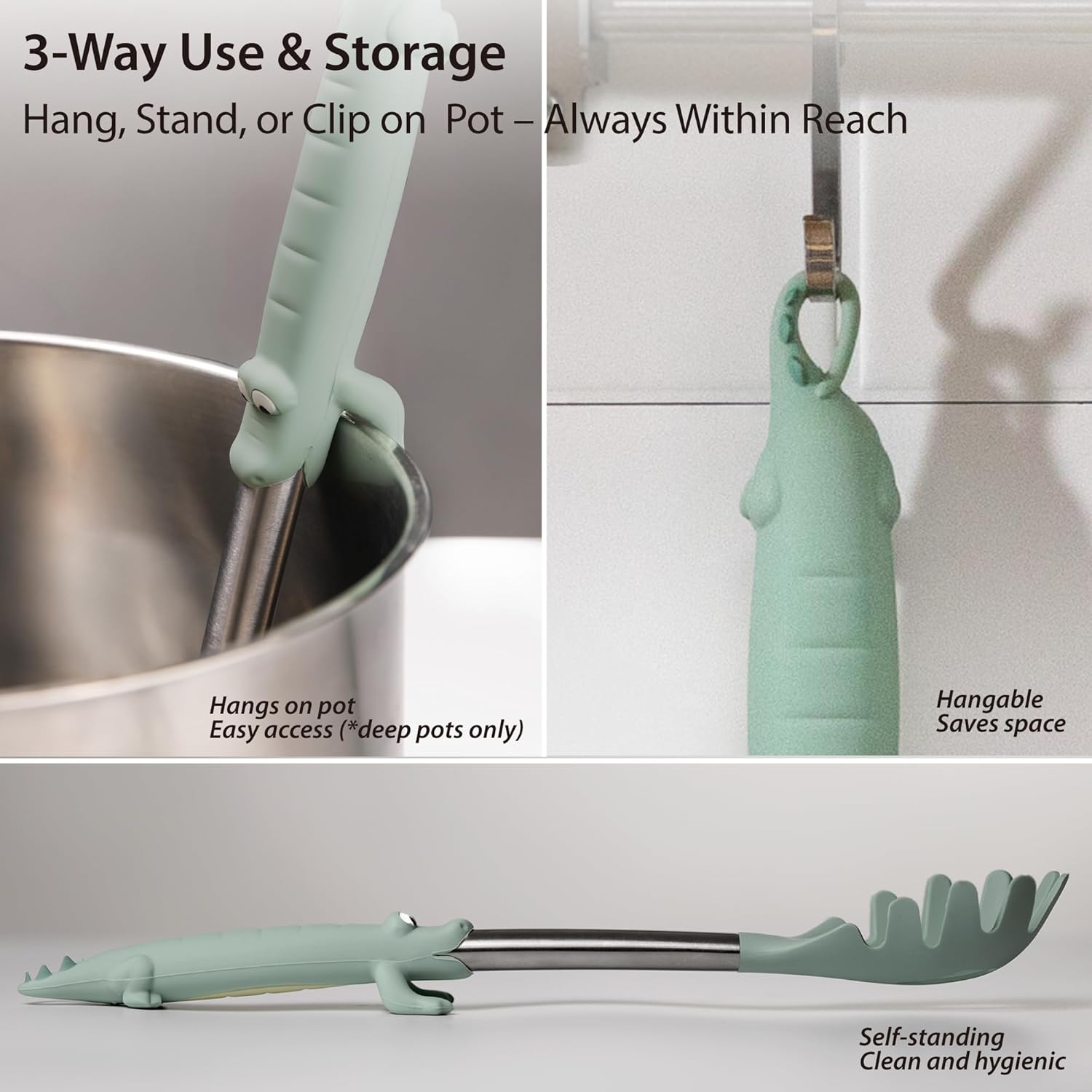 BONE Crocodile-Inspired Kitchen Utensils Set (3 Pcs), Self-Standing Stainless Kitchen Utensils with Heat-Resistant Silicone Handle, BPA-Free Cute Animal Cooking Tools with Spatula, Spoon, Pasta Server