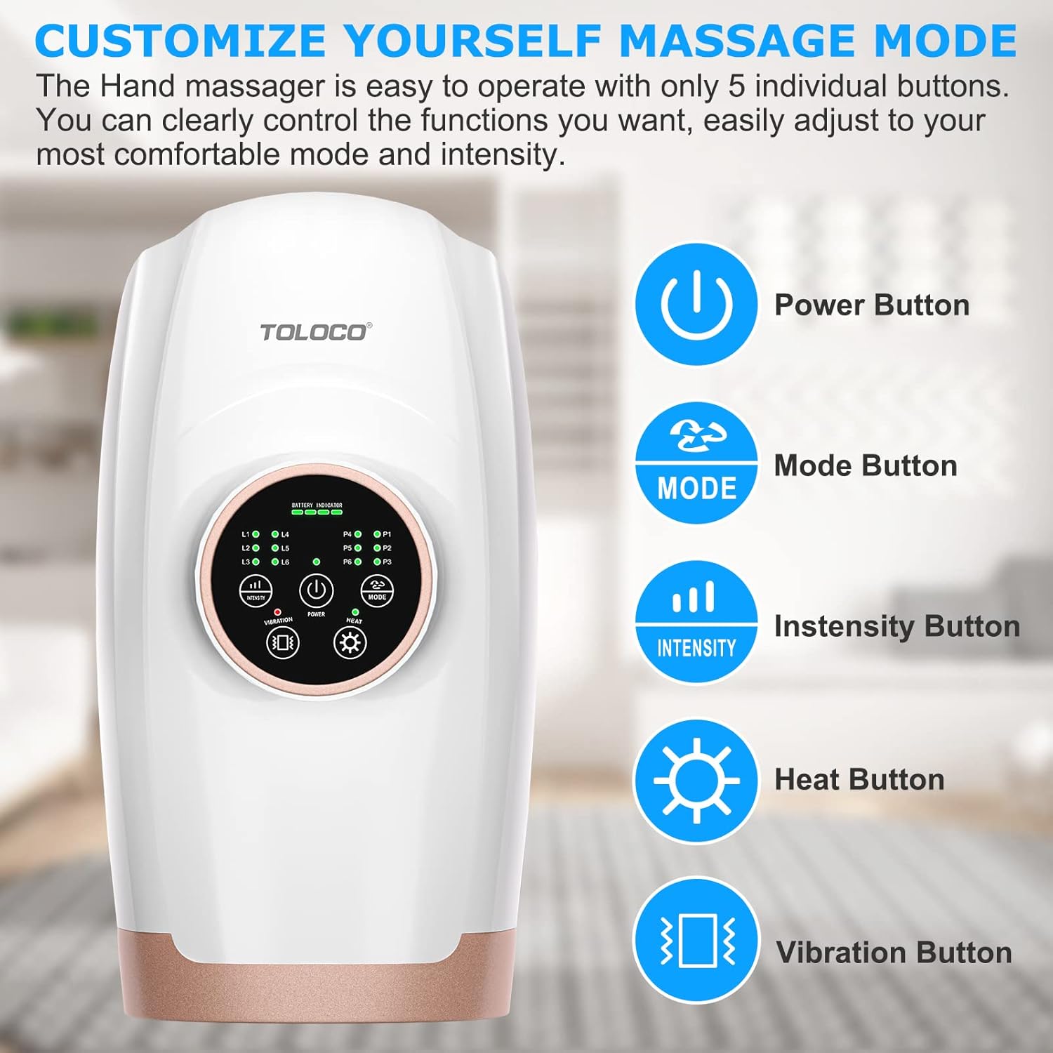 TOLOCO Hand Massager control panel with labeled buttons: Power, Mode, Intensity, Heat, Vibration.