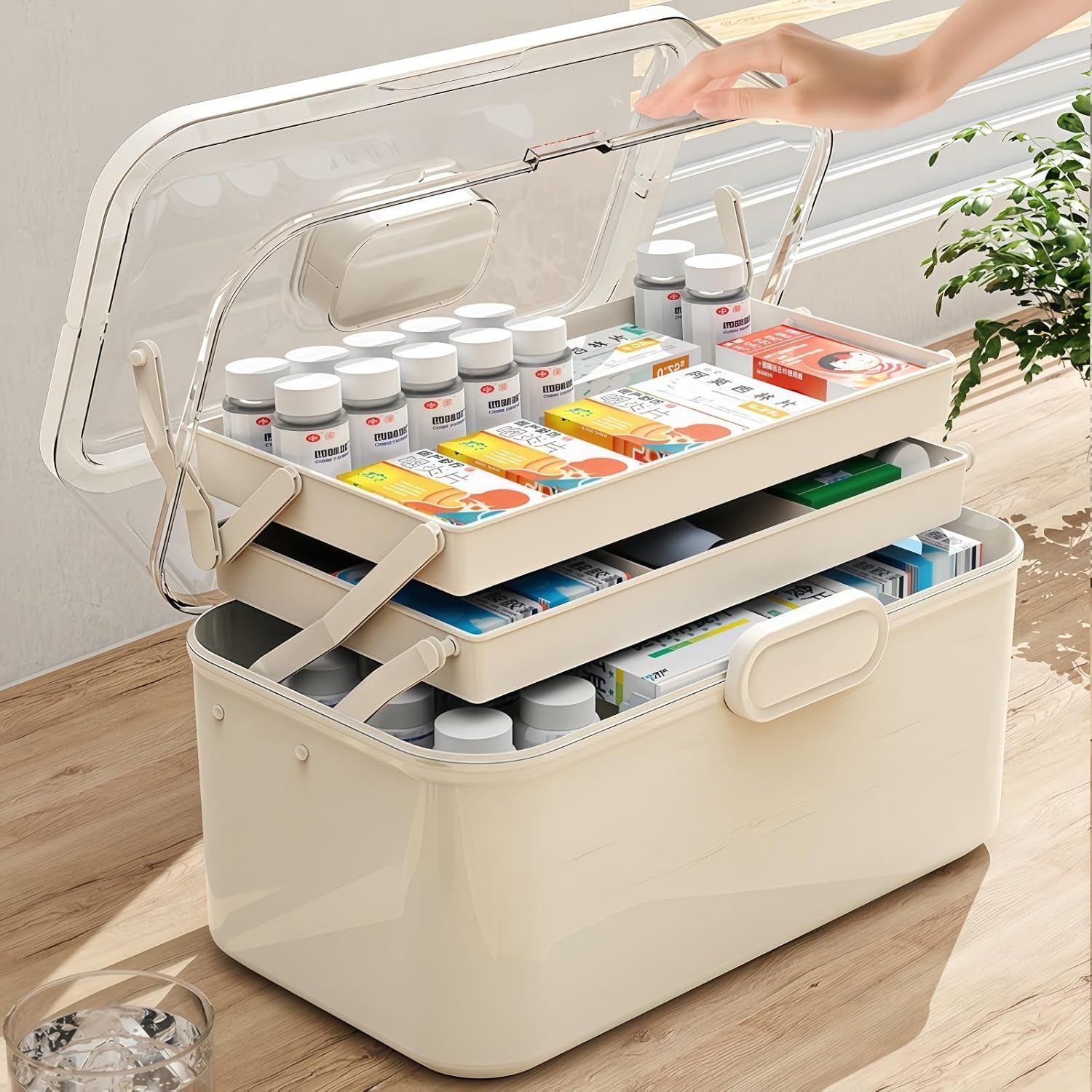 家庭用医薬品ボックス 透明 小型薬箱 医療 応急用 多層構造 持ち手付き ミニ薬ケース付 防湿・防虫 180&deg;全開 分類収納可能 (