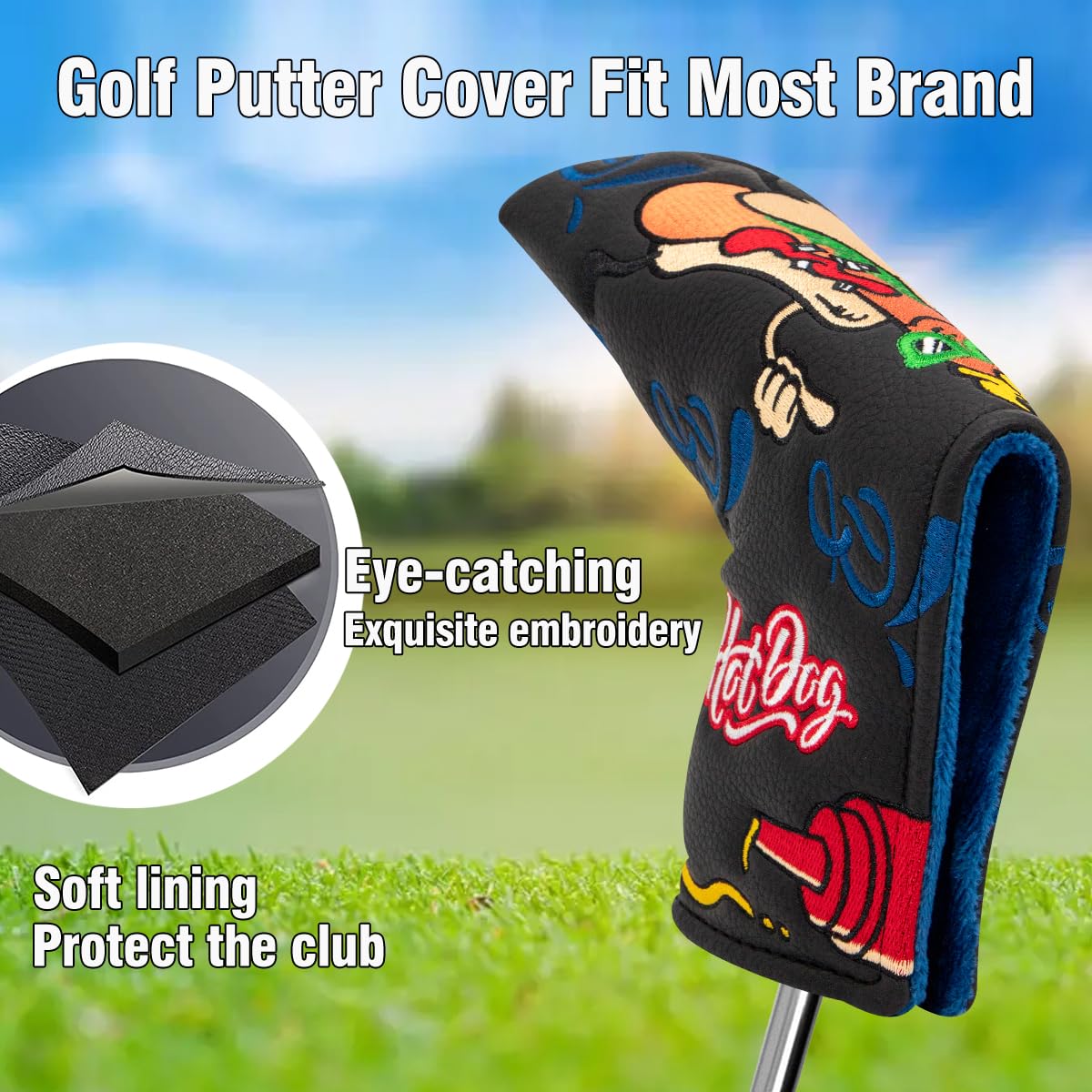 Golf-Putter-Abdeckungen, schwarz, Hotdog, Golfschlägerhaube, Putter, Schlägerhaube, Leder, Golfschlägerhaube mit magnetischen Golfschlägerabdeckungen für Scotty Cameron, Taylormade Titleist