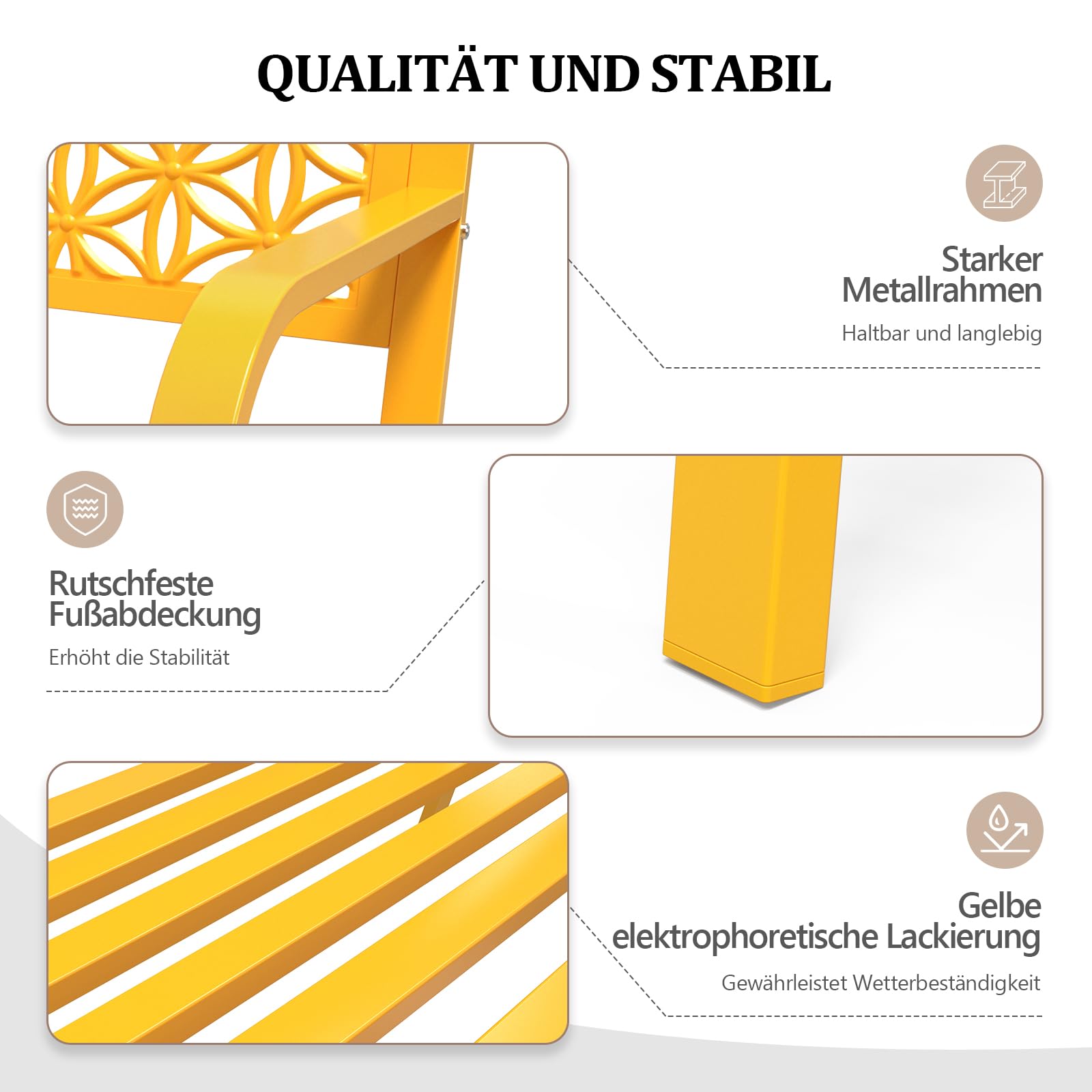 Bonnlo Gartenbank Metall Retro-Stil, wetterfeste Sitzbank für 2-3 Sitzer, Essbank mit Rückenlehne und floraler Armlehne, Gartenmöbel bis 360kg belastbar, Bänke für Garten Balkon Hof, Gelb