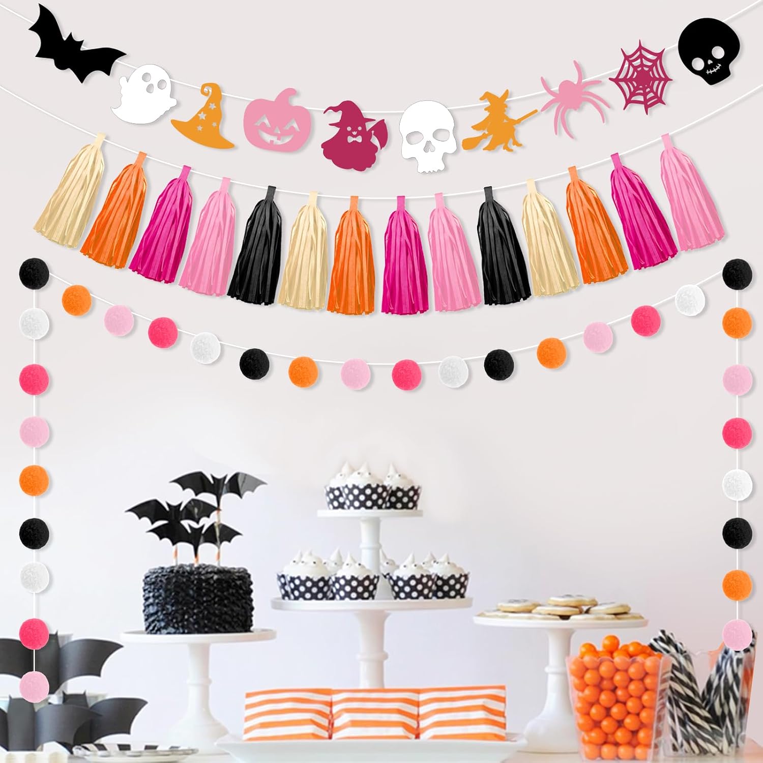 Pink Orange Halloween Birthday Decoration Tassel Garland Banner Hanging Skull Bat Spider Ghost Supplies for Wedding Baby Bridal Shower Bunting