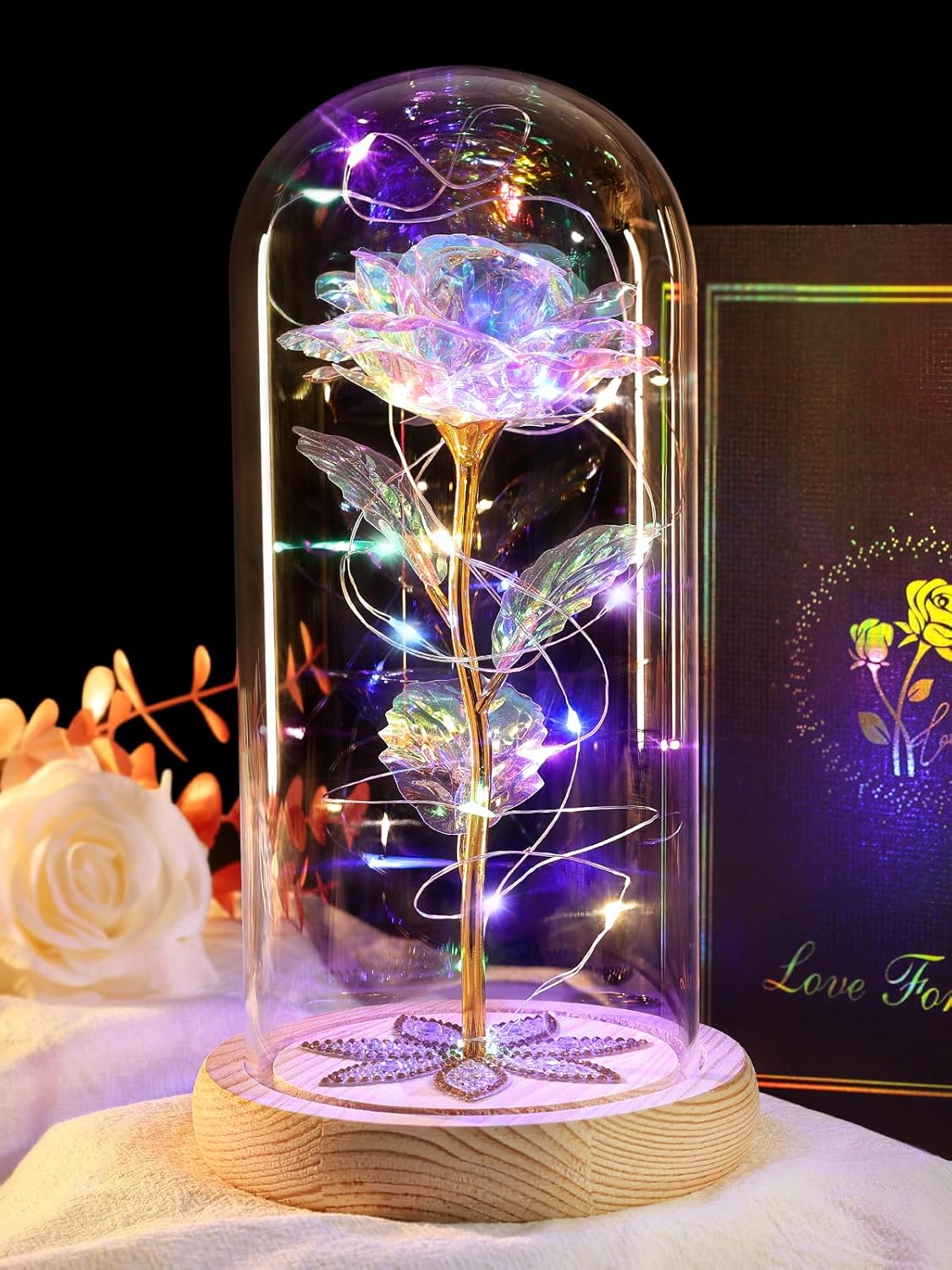 Valentines Day Rose Gifts for Her, Galaxy Glass Rose Forever Preserved Flowers for Delivery Prime Rose in Glass Dome, Birthday Valentine's Day Gifts for Women Mom Girlfriend Wife Daughter Colorful