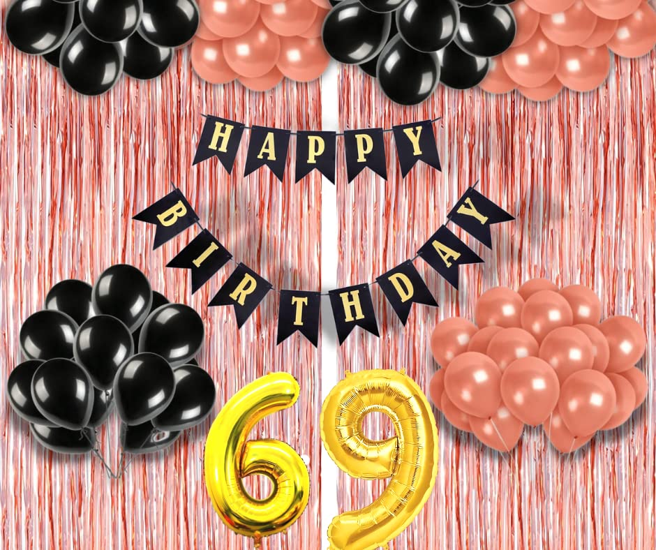 Image of 69th Birthday Decoration items for Girls with Black and Rose Gold Balloons, Black Happy Birthday Banner, Rose Gold Foil Curtain, Foil Balloon number 69